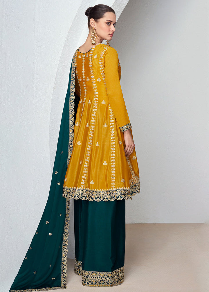 Yellow & Green Embroidered Chinon Silk Plazzo Suit