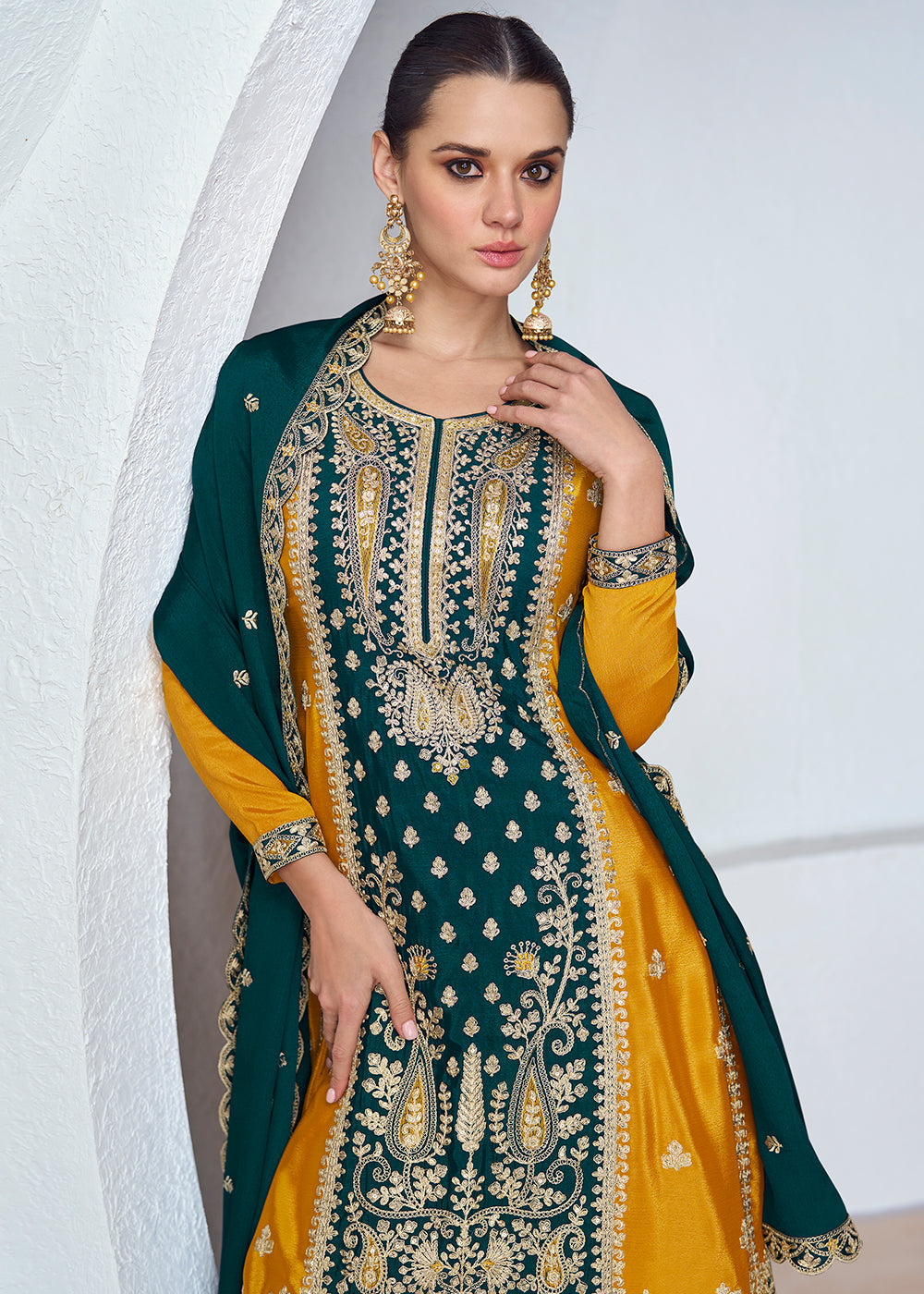 Yellow & Green Embroidered Chinon Silk Plazzo Suit