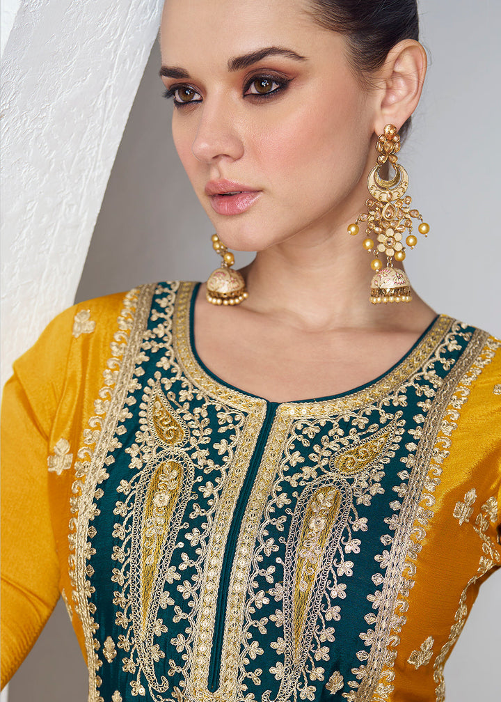 Yellow & Green Embroidered Chinon Silk Plazzo Suit