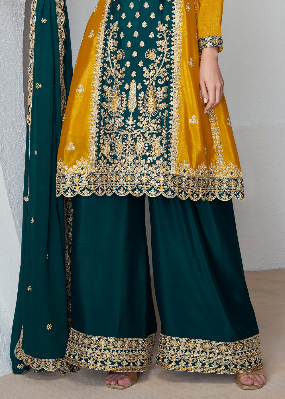 Yellow & Green Embroidered Chinon Silk Plazzo Suit