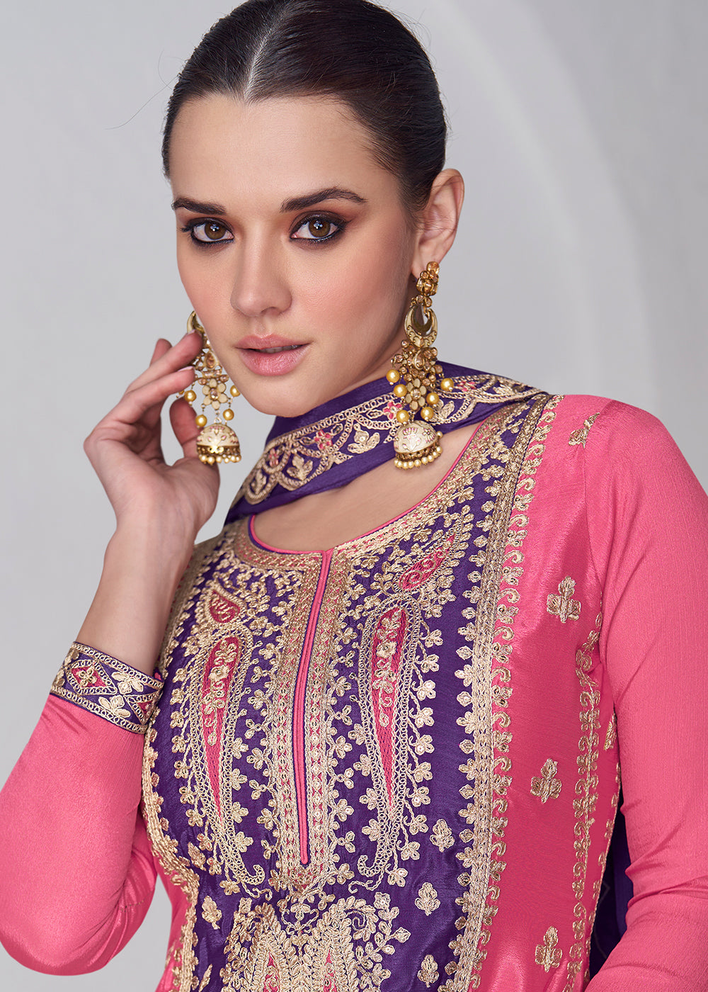 Purple & Pink Embroidered Chinon Silk Plazzo Suit - qivii