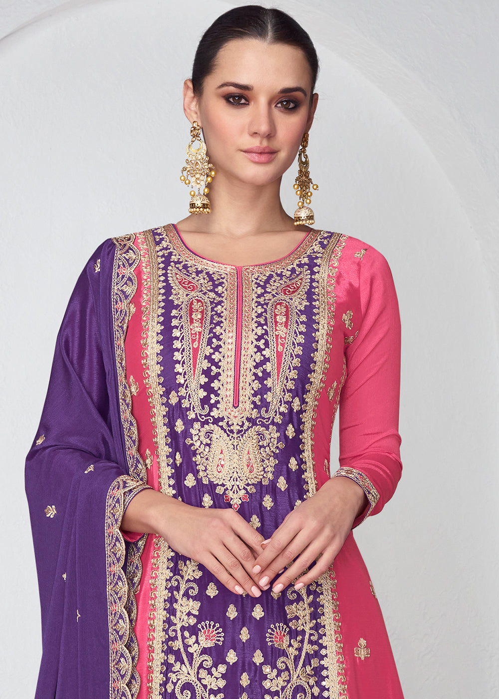 Purple & Pink Embroidered Chinon Silk Plazzo Suit - qivii