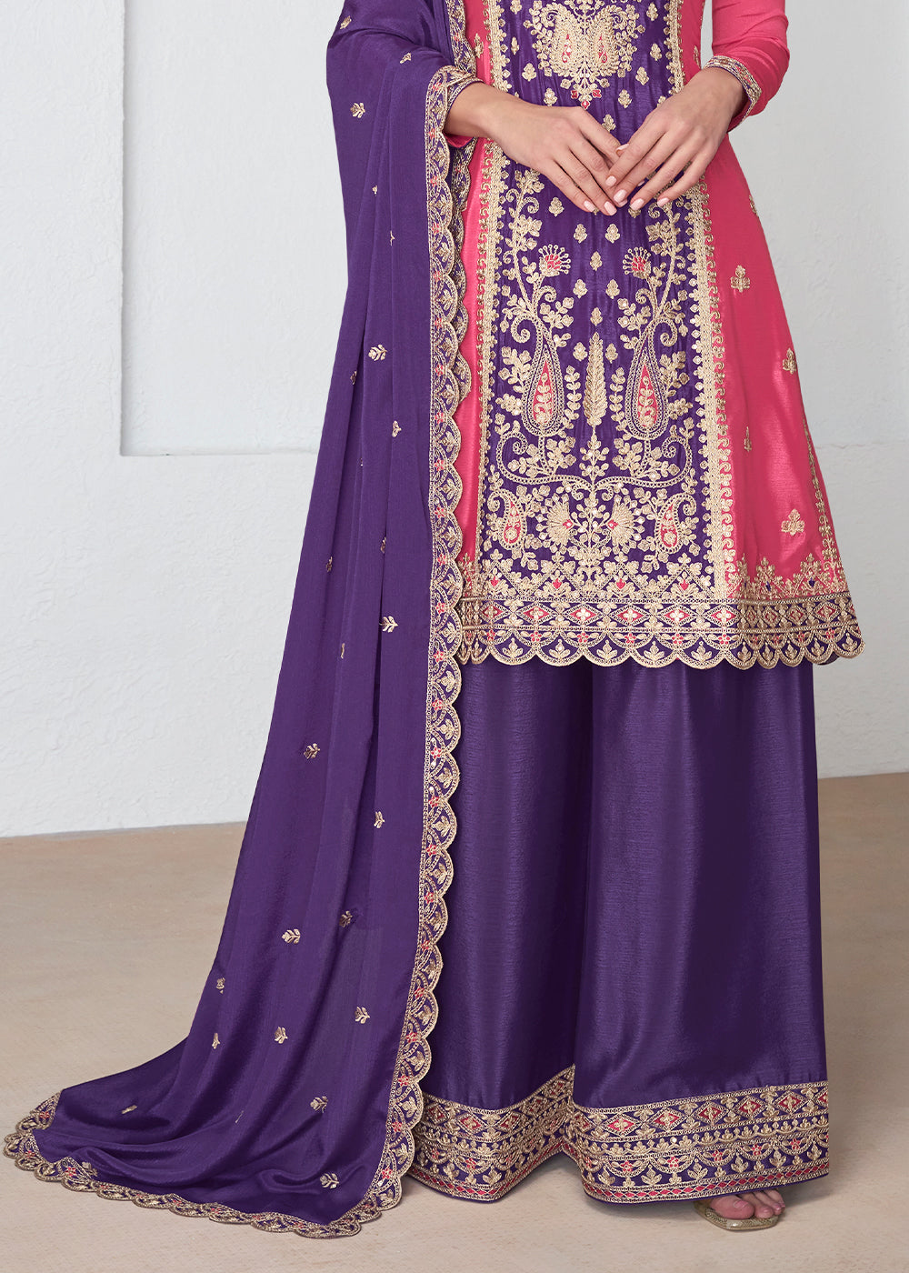 Purple & Pink Embroidered Chinon Silk Plazzo Suit - qivii