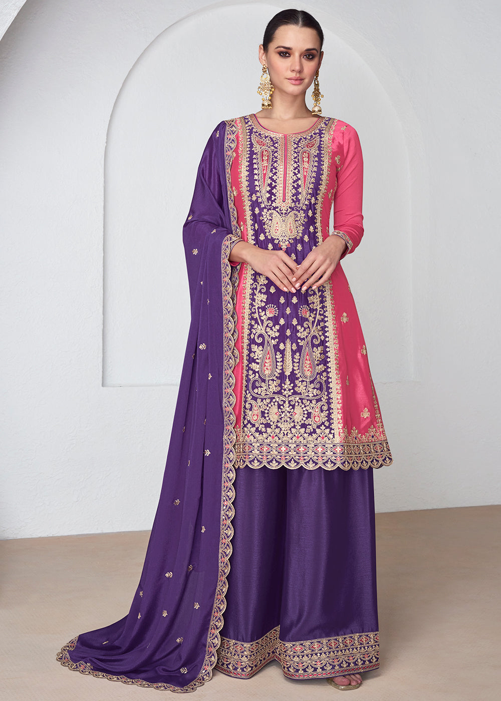 Purple & Pink Embroidered Chinon Silk Plazzo Suit - qivii