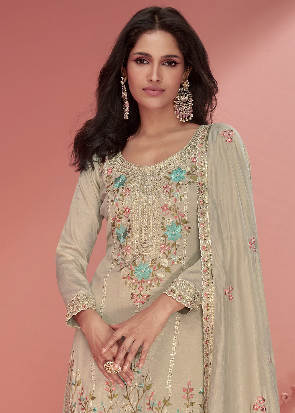 Greyish Brown Floral Embroidered Organza Silk Plazzo Suit By Qivii