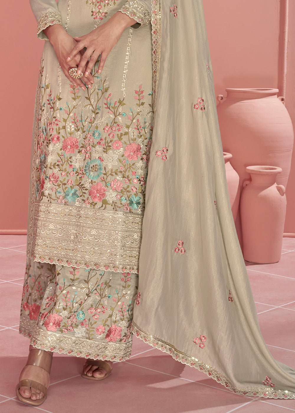 Greyish Brown Floral Embroidered Organza Silk Plazzo Suit By Qivii