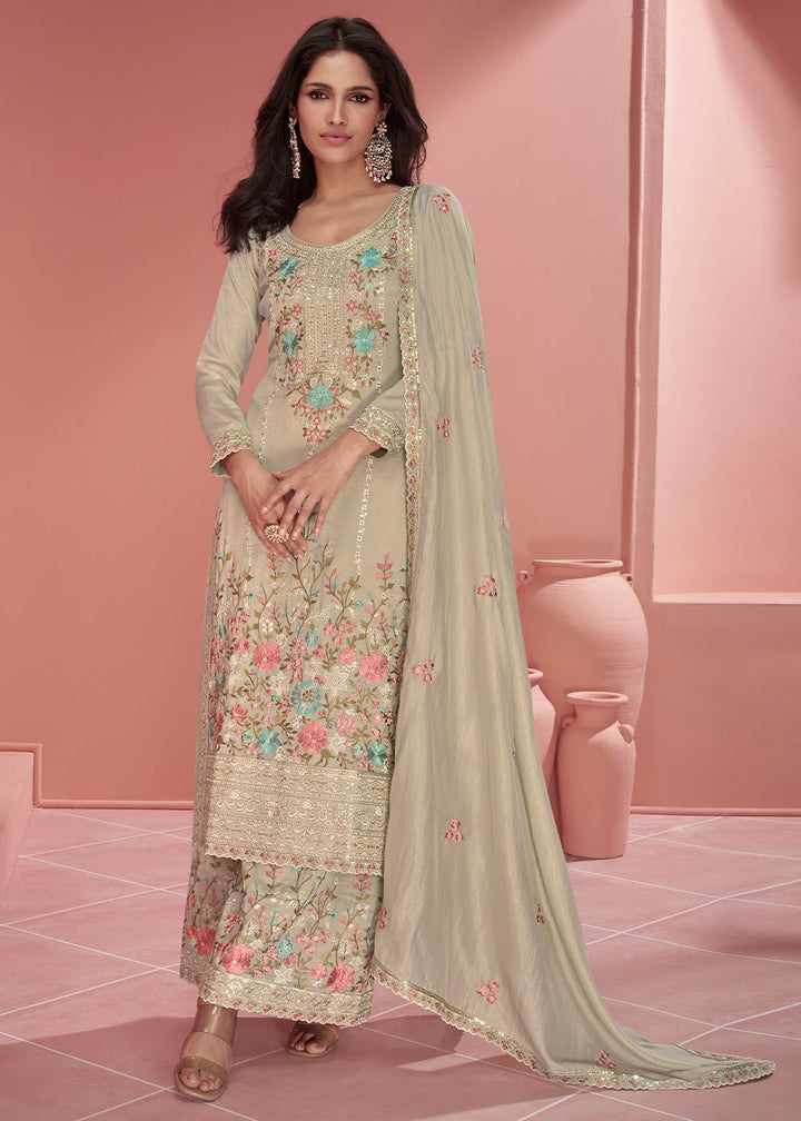 Greyish Brown Floral Embroidered Organza Silk Plazzo Suit By Qivii