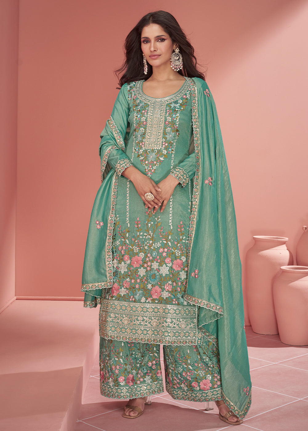 Shades Of Green Floral Embroidered Organza Silk Plazzo Suit By Qivii