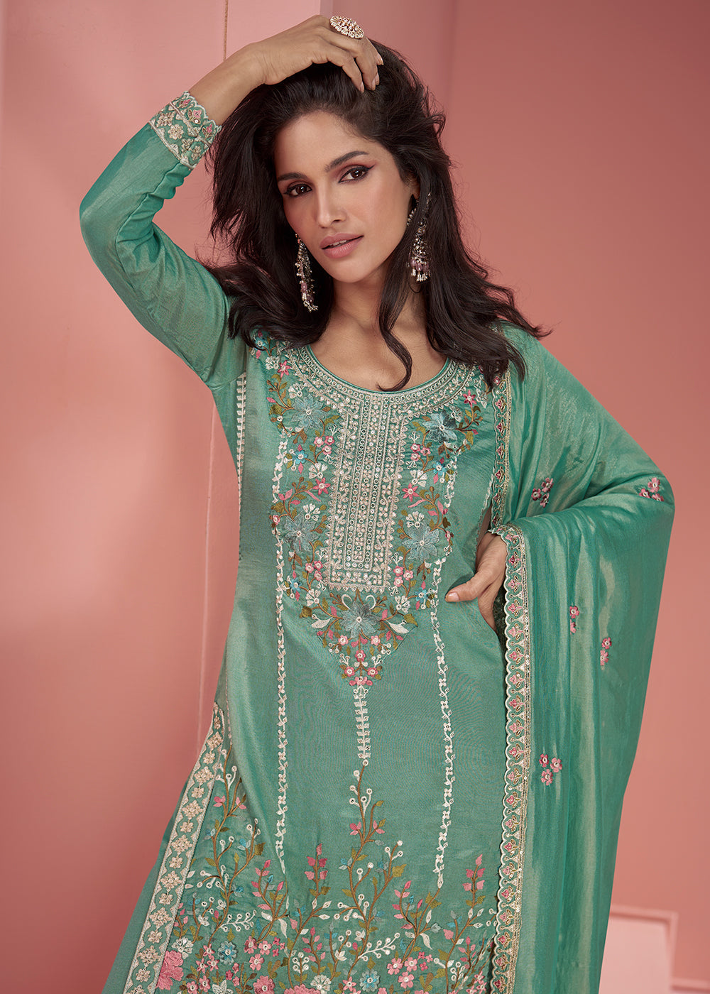 Shades Of Green Floral Embroidered Organza Silk Plazzo Suit By Qivii