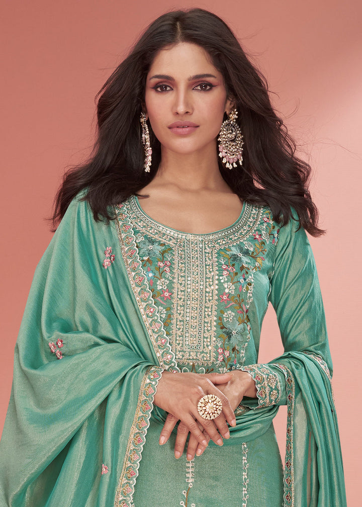 Shades Of Green Floral Embroidered Organza Silk Plazzo Suit By Qivii