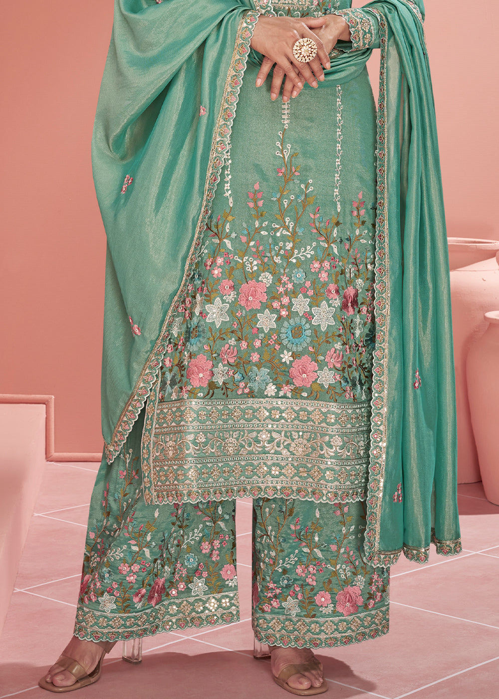 Shades Of Green Floral Embroidered Organza Silk Plazzo Suit By Qivii