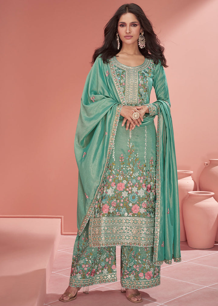 Shades Of Green Floral Embroidered Organza Silk Plazzo Suit By Qivii