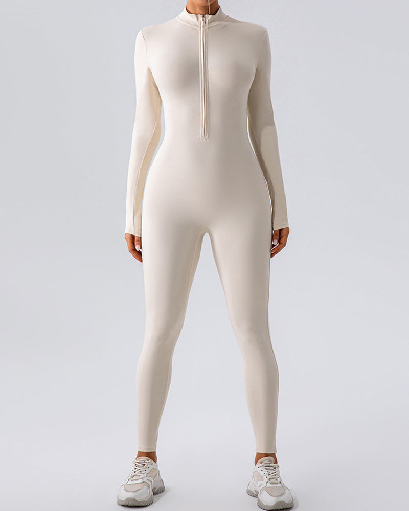 Zip Up Long Sleeve Fleece Skinny Jumpsuit Winter Thermal One-piece Fitness Bodysuit  - By Qivii