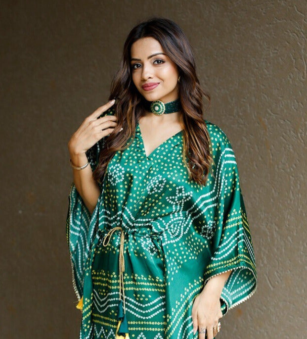 Exquisite Dark Green Kaftan Dress with Digital Print and Gotta Patti Lace Border