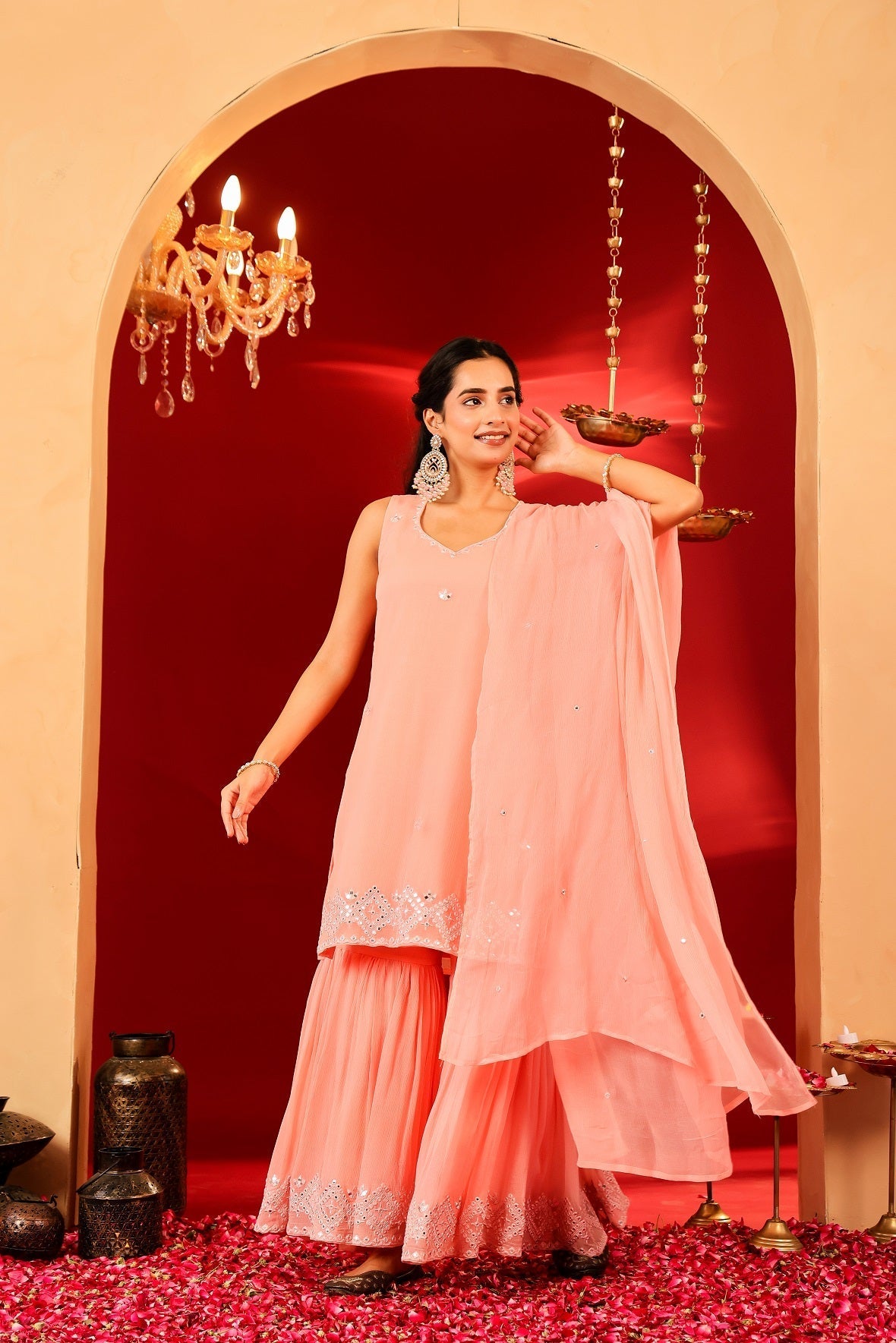 Ragavi Peach Whisper Chinon Sharara Set