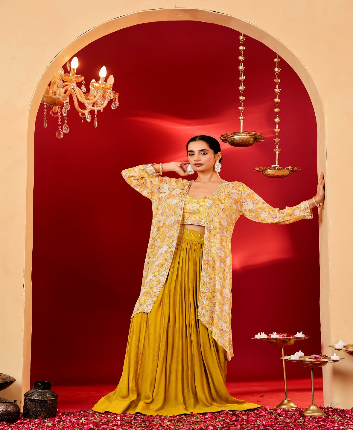 Ragavi Mustard Yellow Floral Chinon Lehenga Set with Printed Cape