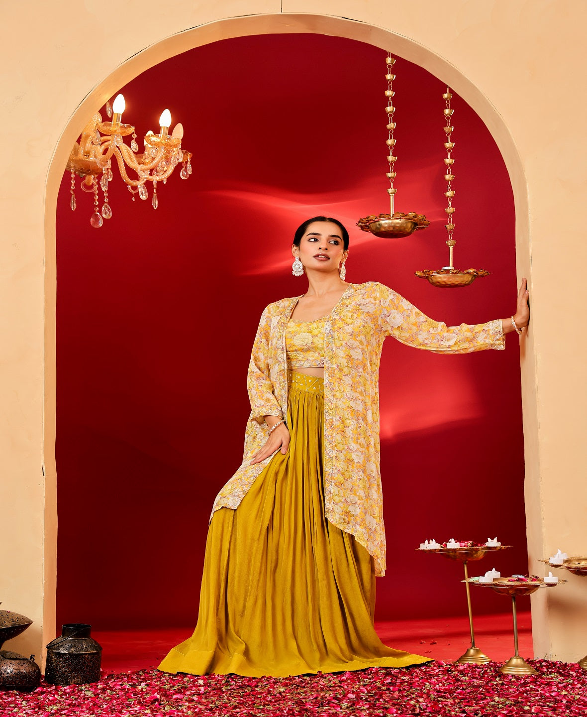 Ragavi Mustard Yellow Floral Chinon Lehenga Set with Printed Cape