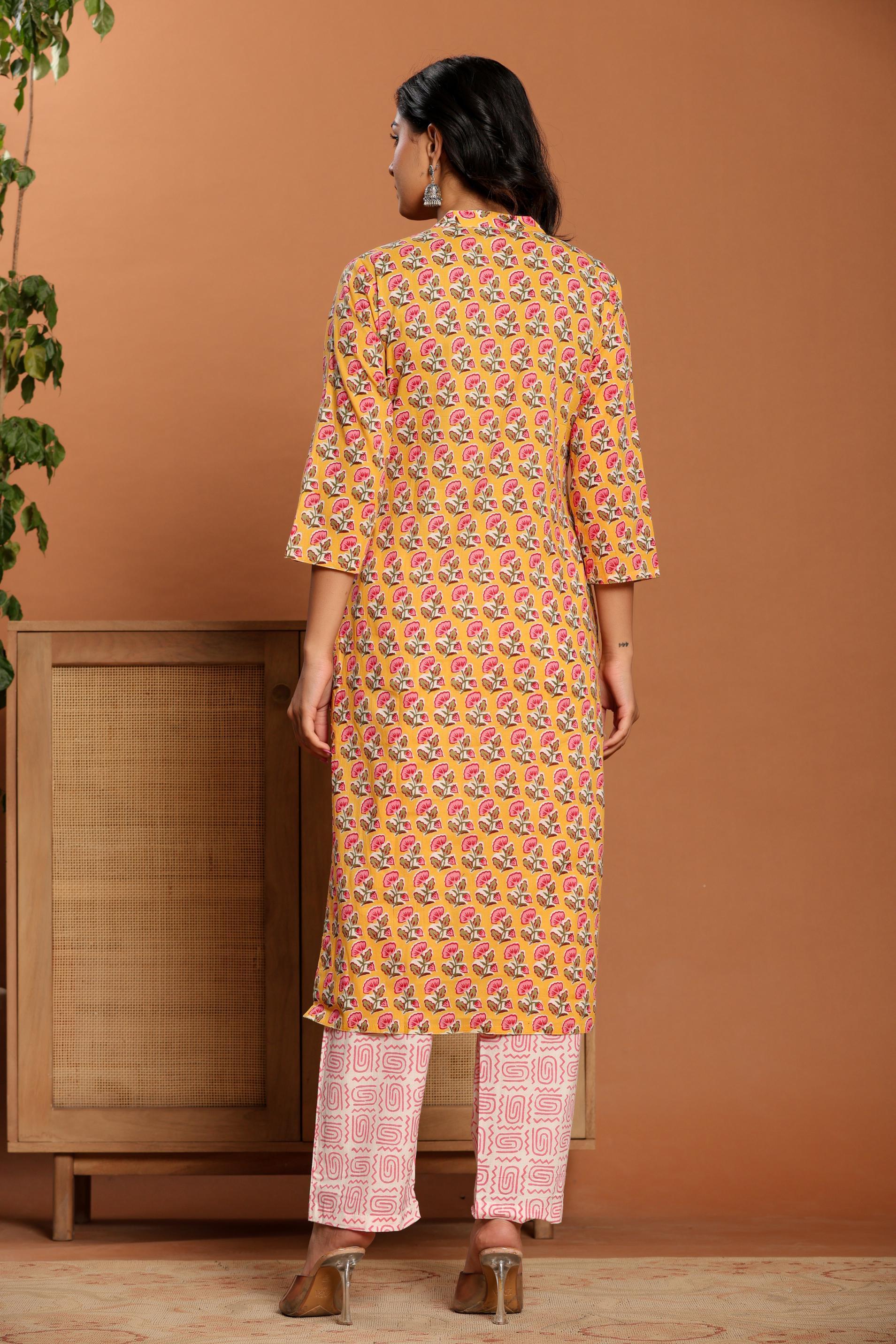 Yellow Printed Cotton Kurta Set