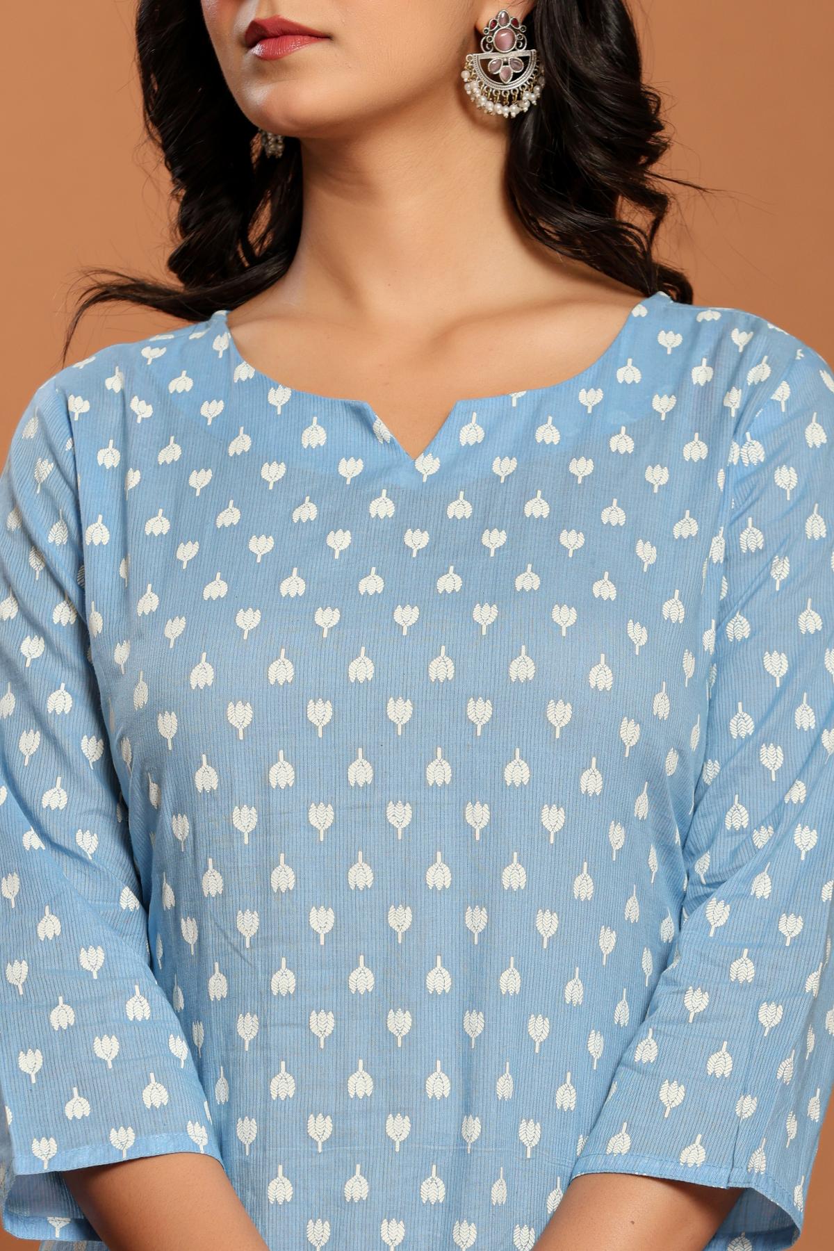 Sky Blue Printed Cotton Kurta Set - qivii