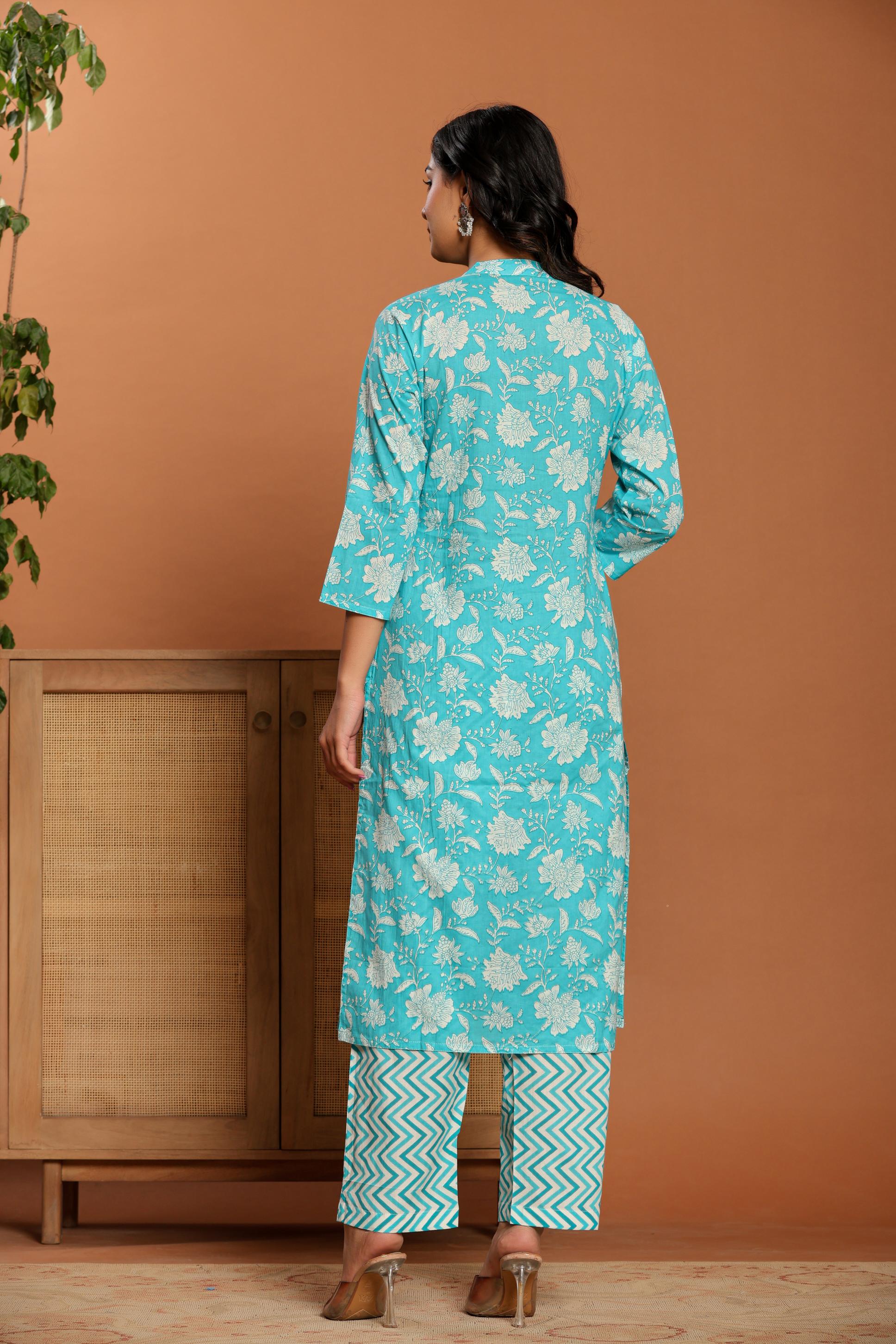 Blue Printed Cotton Kurta Set - qivii