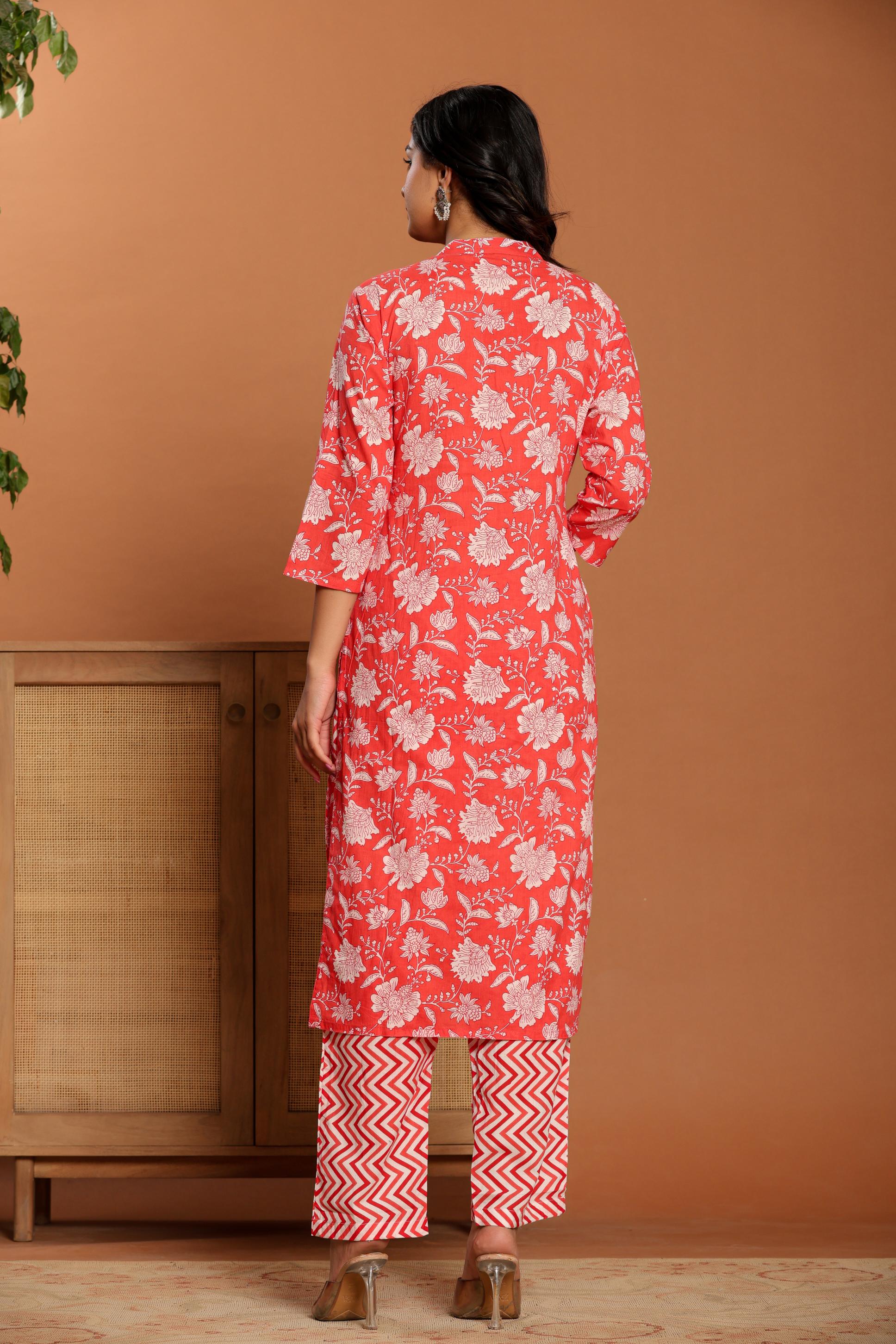 Pink Printed Cotton Kurta Set - qivii