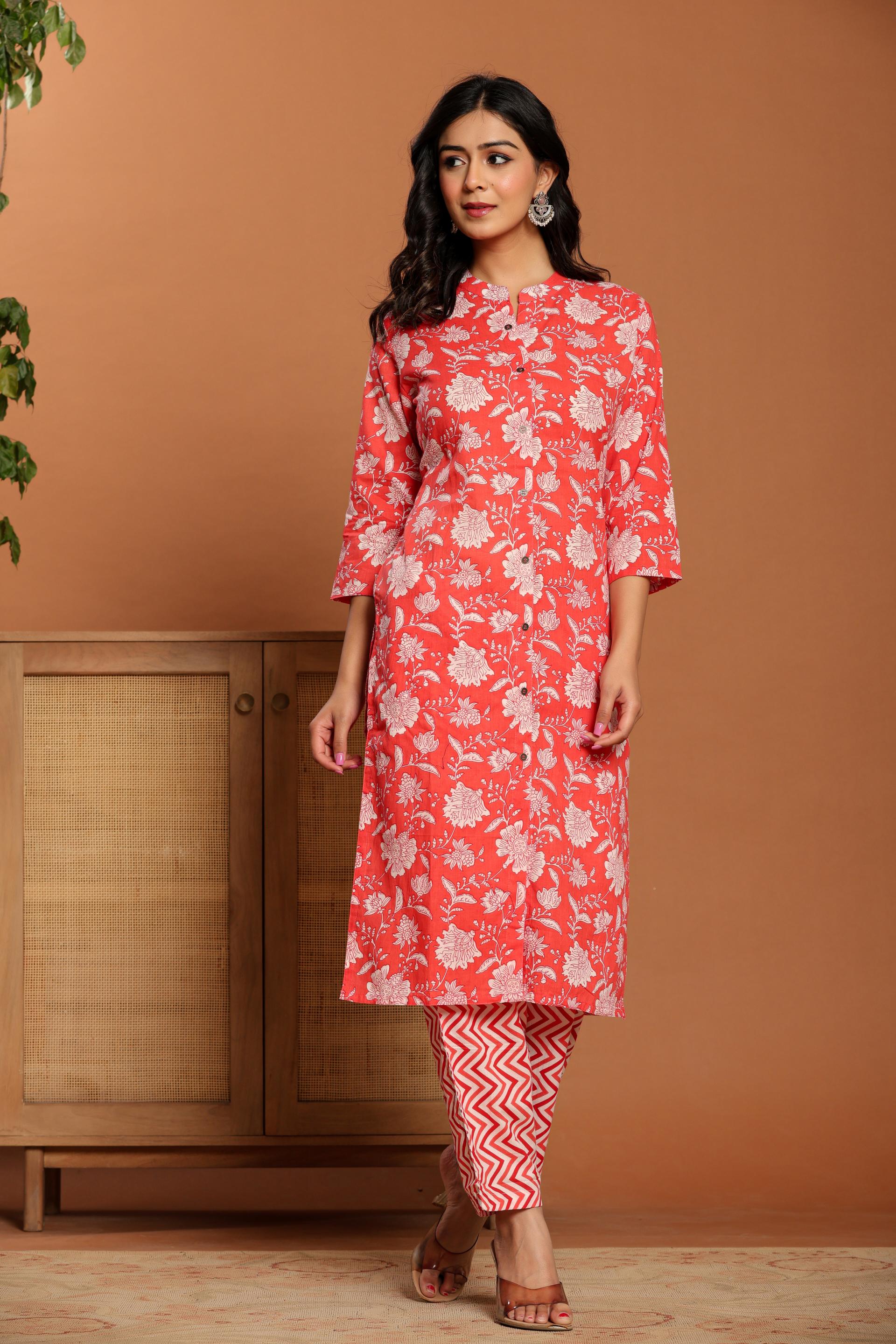 Pink Printed Cotton Kurta Set
