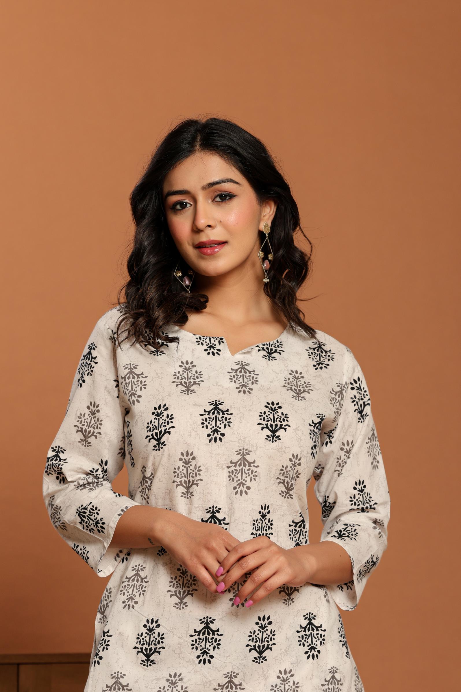 White Printed Cotton Coord Set - qivii