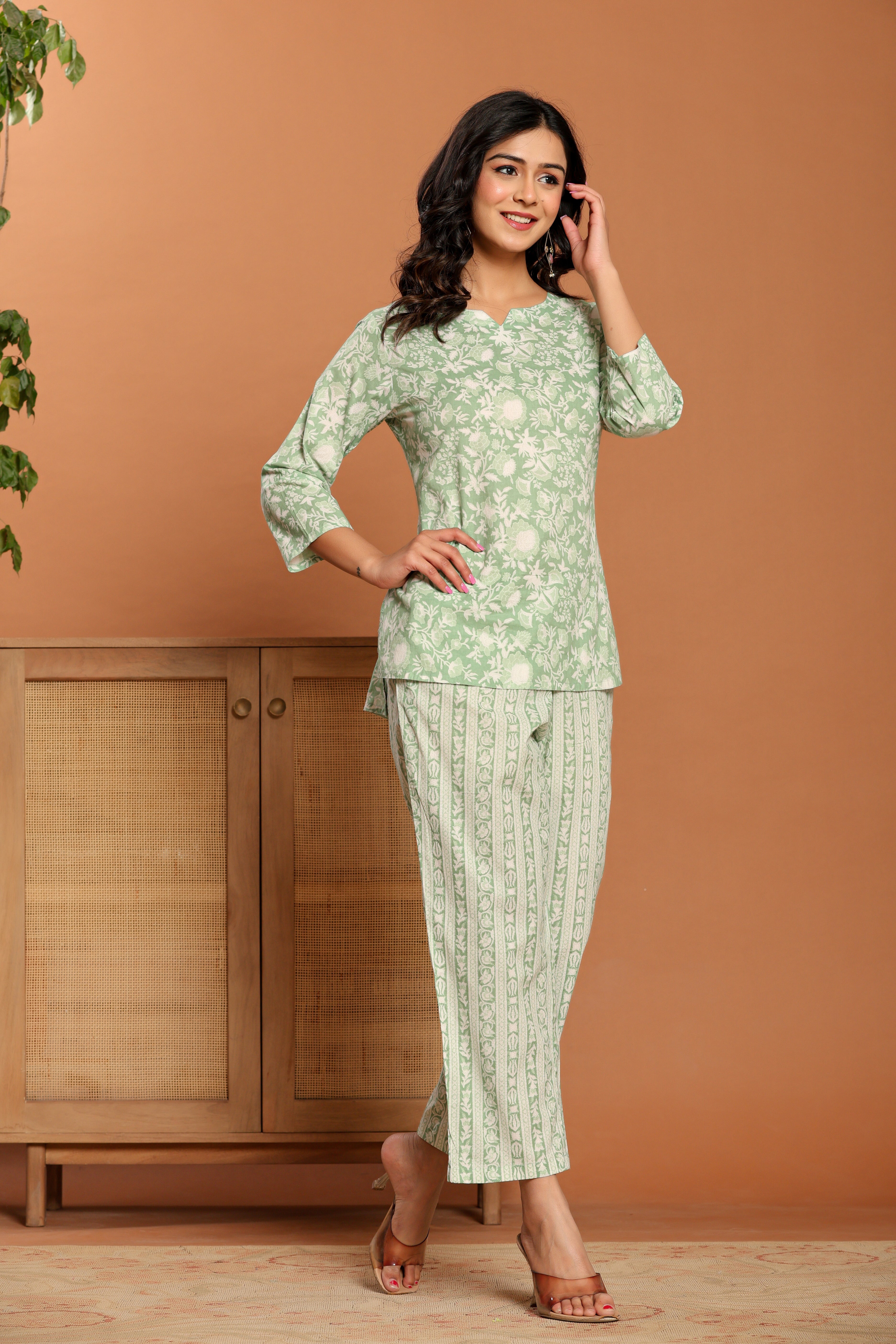 Green Printed Cotton Coord Set - qivii