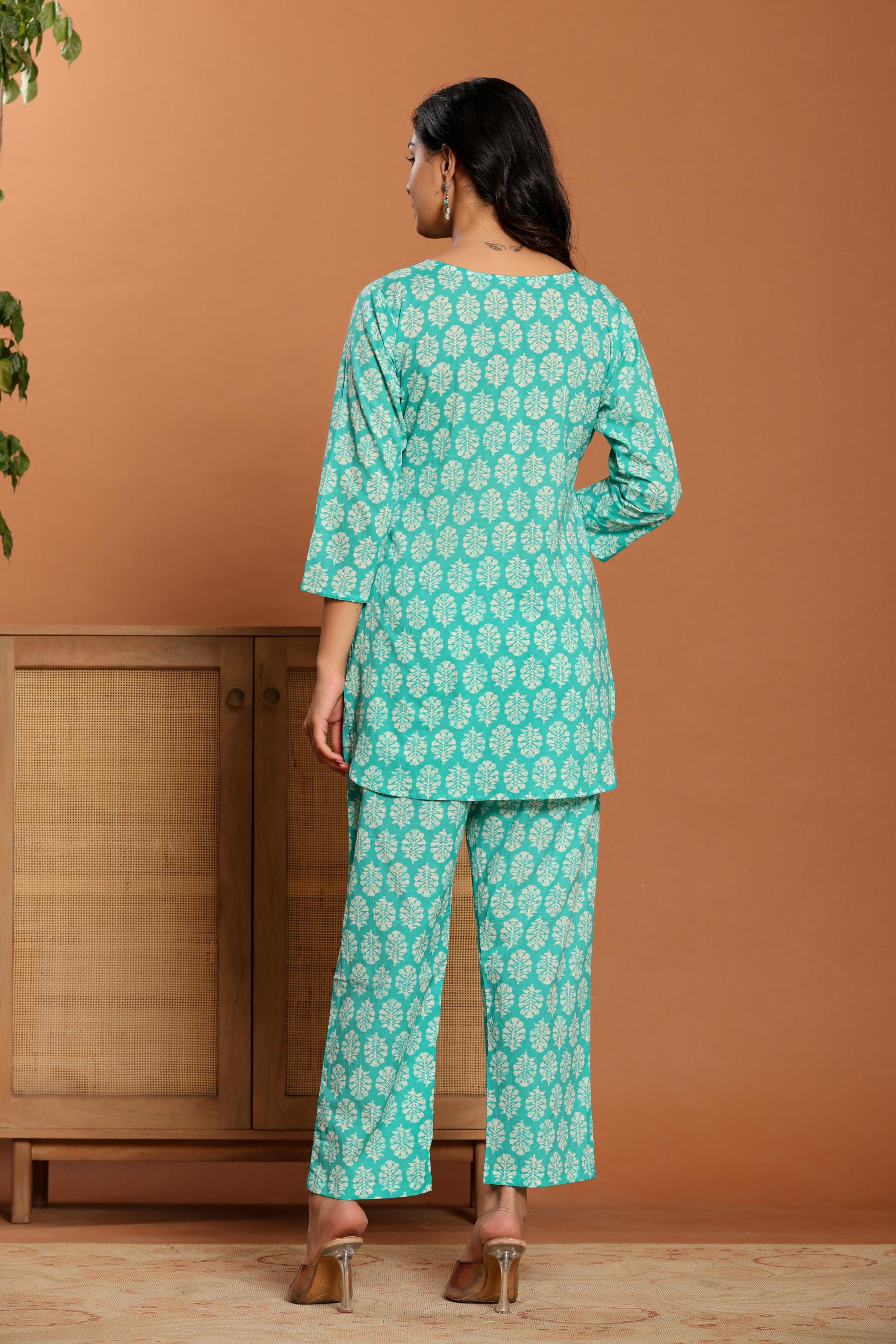 Green Printed Cotton Coord Set - qivii