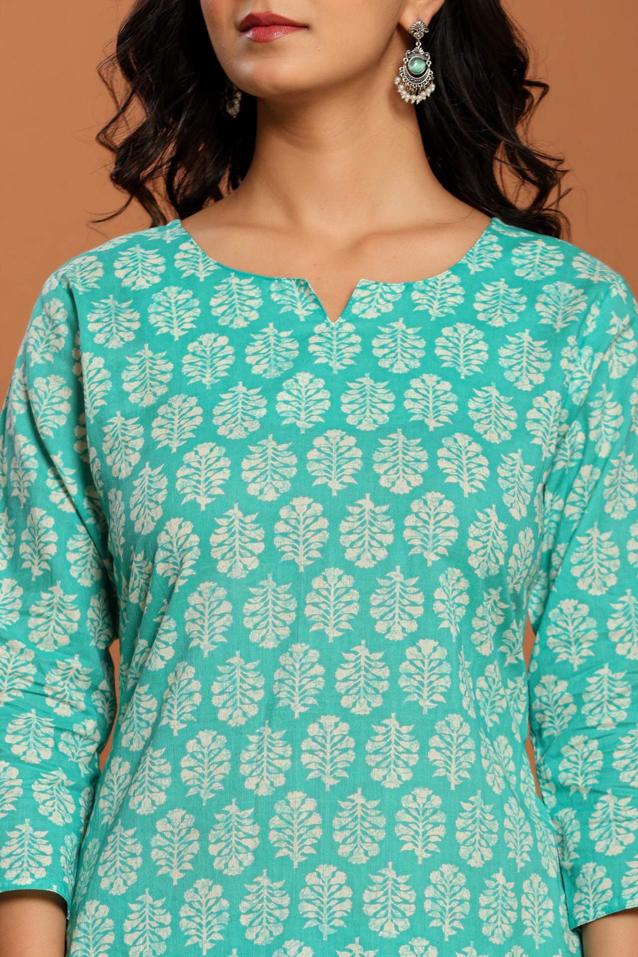 Green Printed Cotton Coord Set - qivii