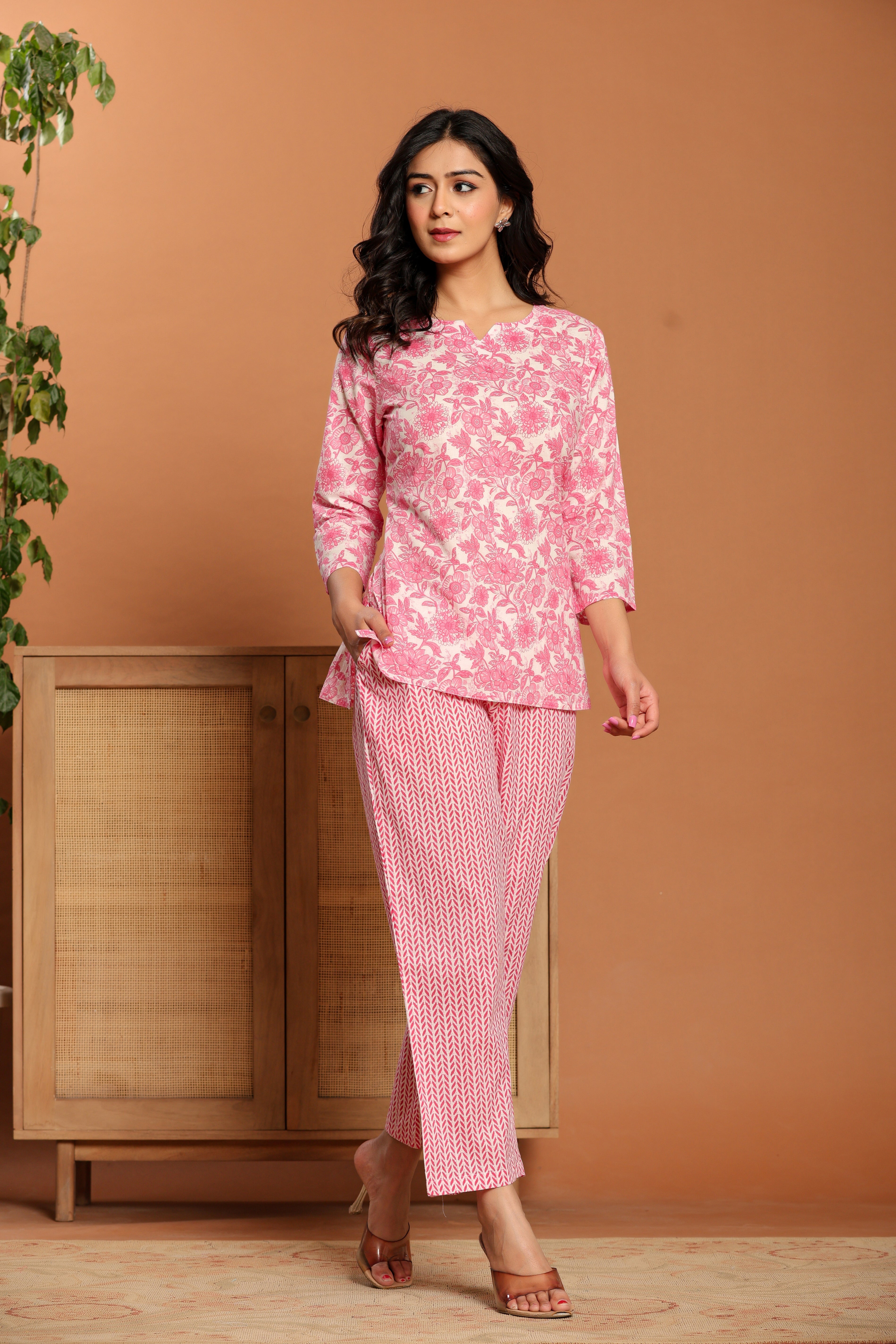Pink Printed Cotton Coord Set - qivii