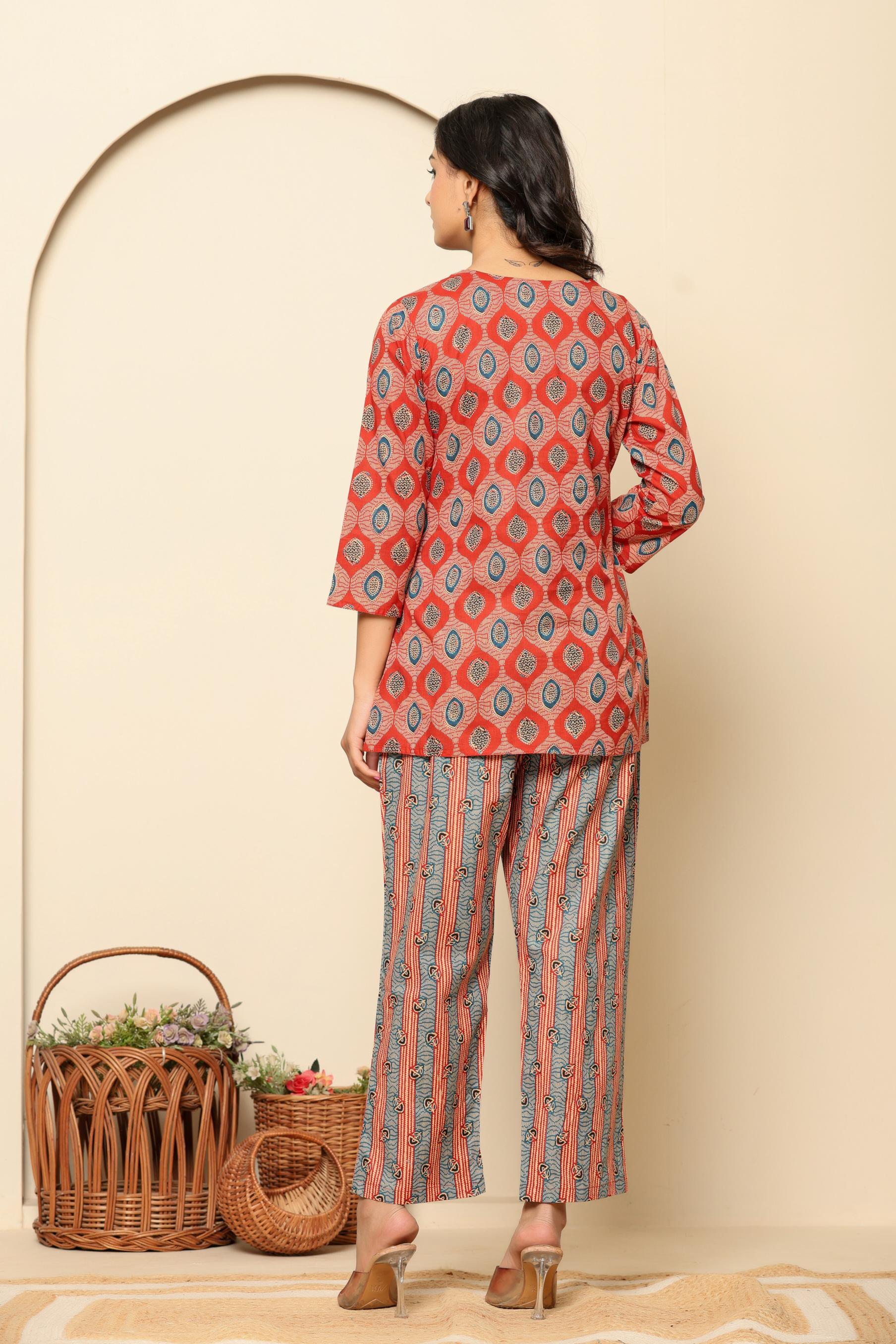 Red Printed Cotton Coord Set - qivii