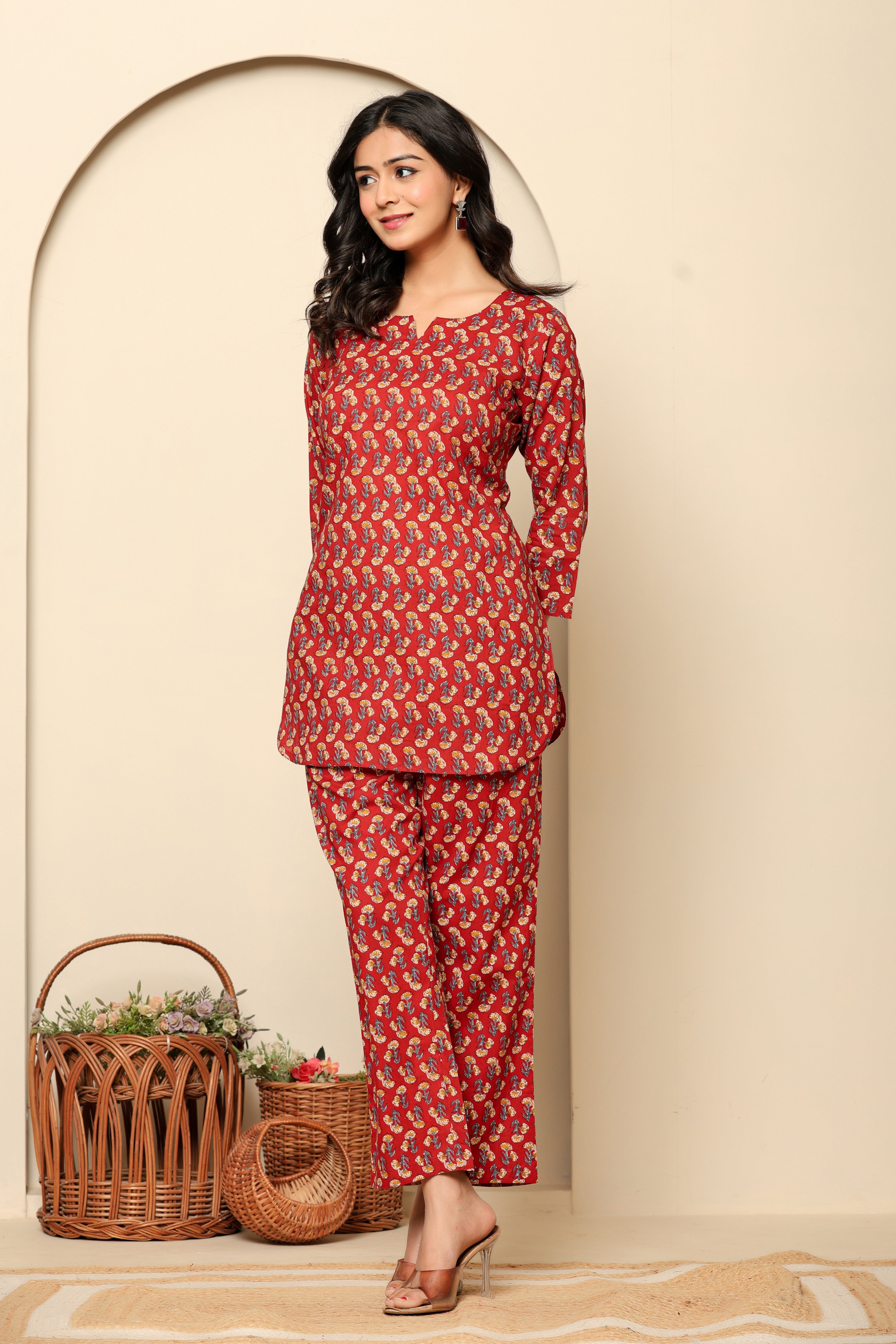 Red Printed Cotton Coord Set - qivii