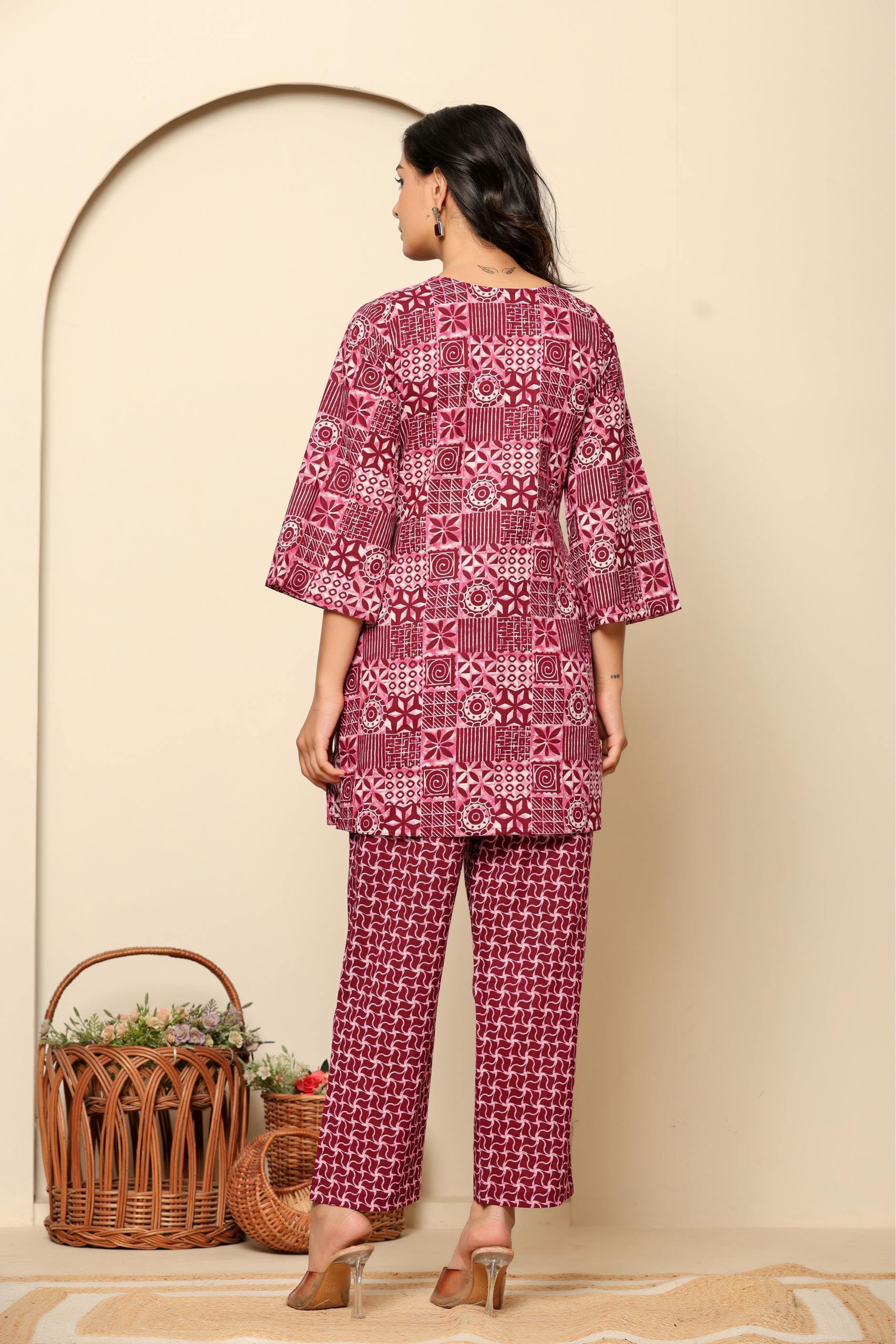 Maroon Printed Cotton Co- Ord Set - qivii