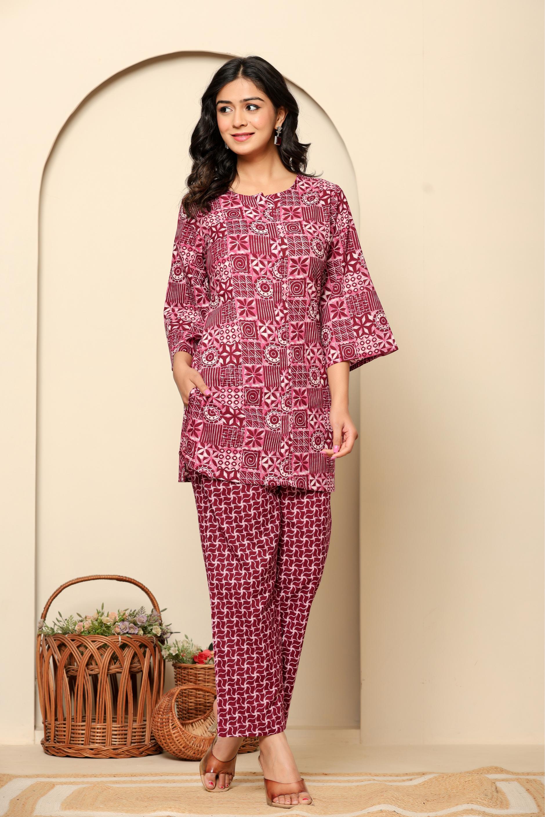 Maroon Printed Cotton Co- Ord Set