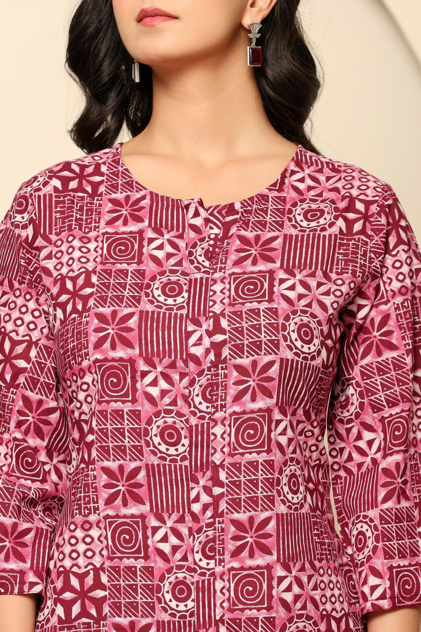 Maroon Printed Cotton Co- Ord Set - qivii