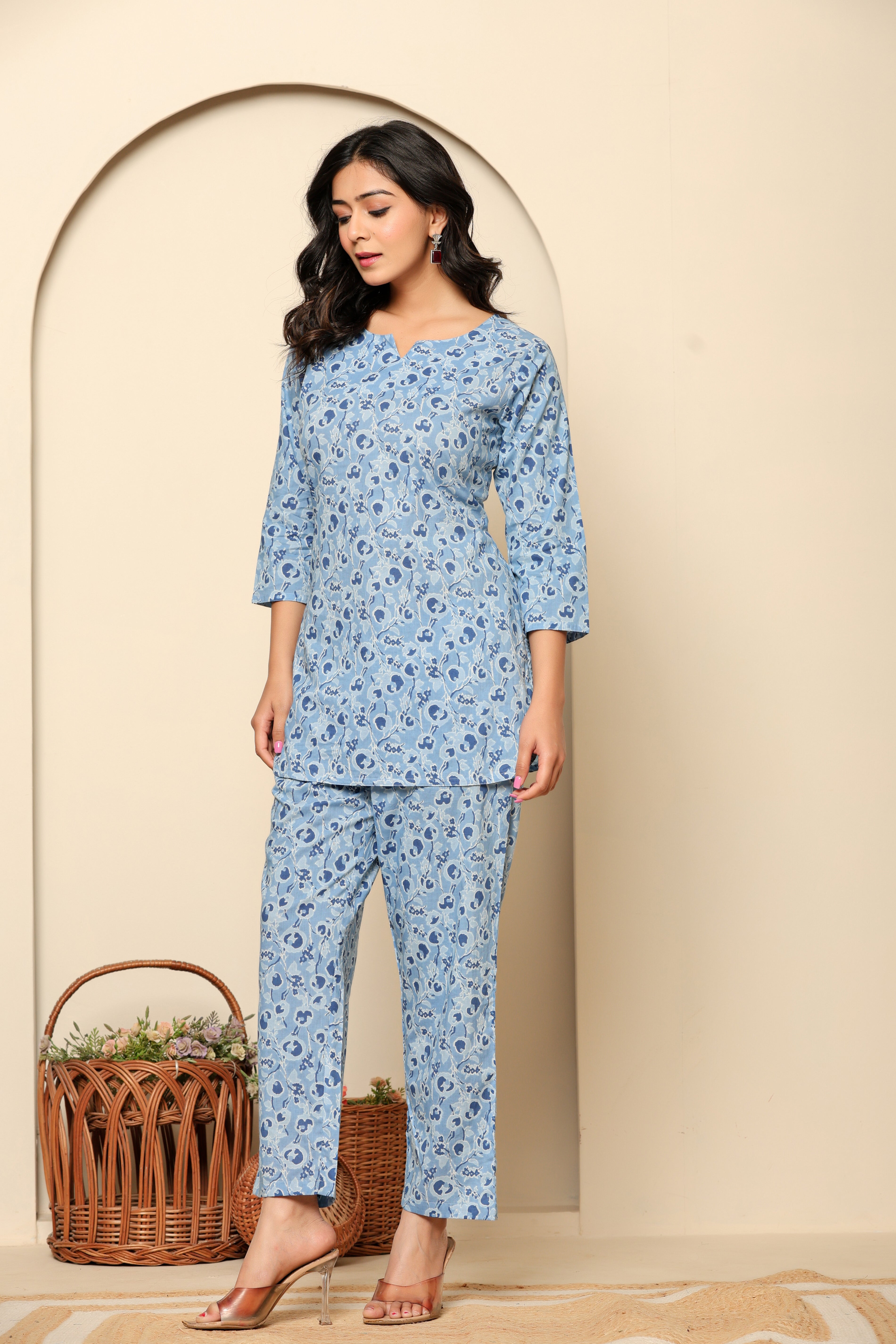 Blue Printed Cotton Coord Set - qivii