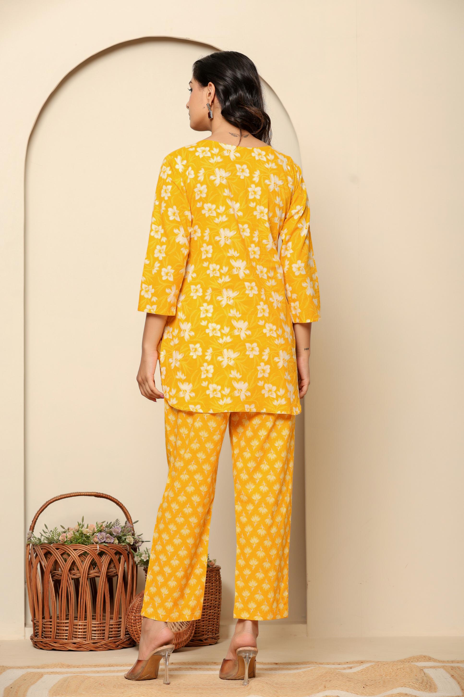 Yellow Printed Cotton Co- Ord Set - qivii