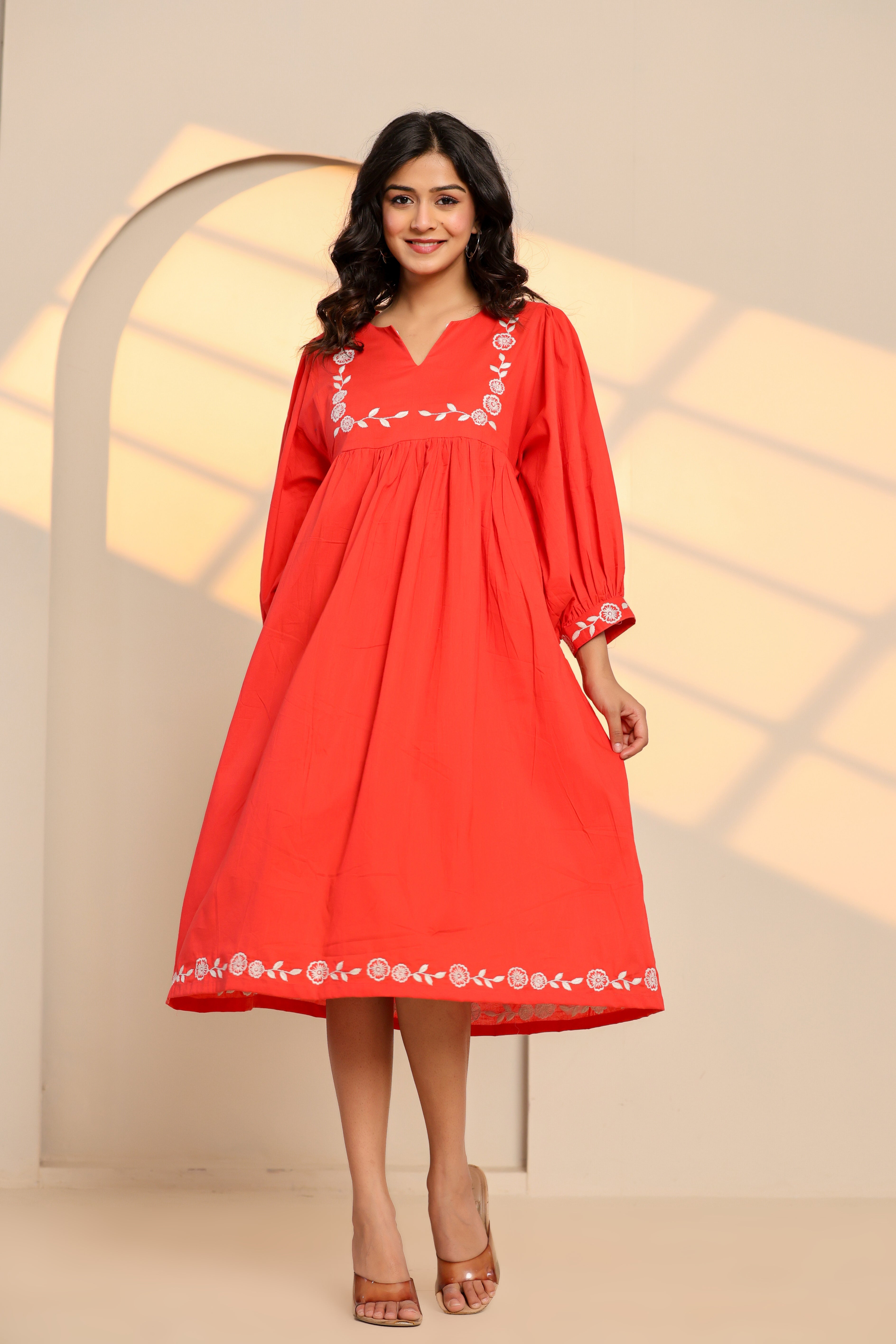 Poppy Red Cotton Embroidered Midi Dress  - By Ragavi - qivii