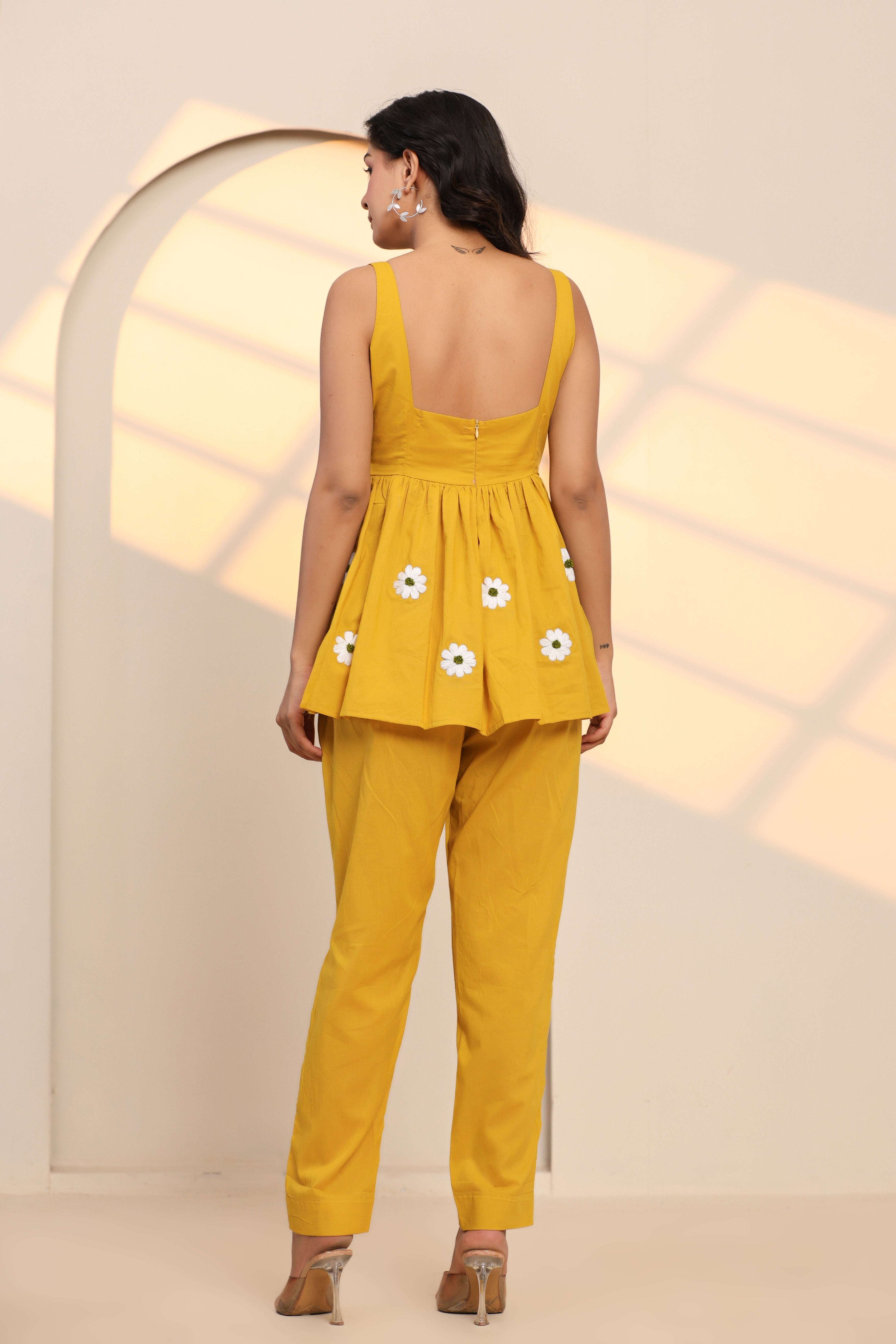 Spicy Mustard Hand Embroidered Cotton Co- Ord Set  - By Ragavi - qivii