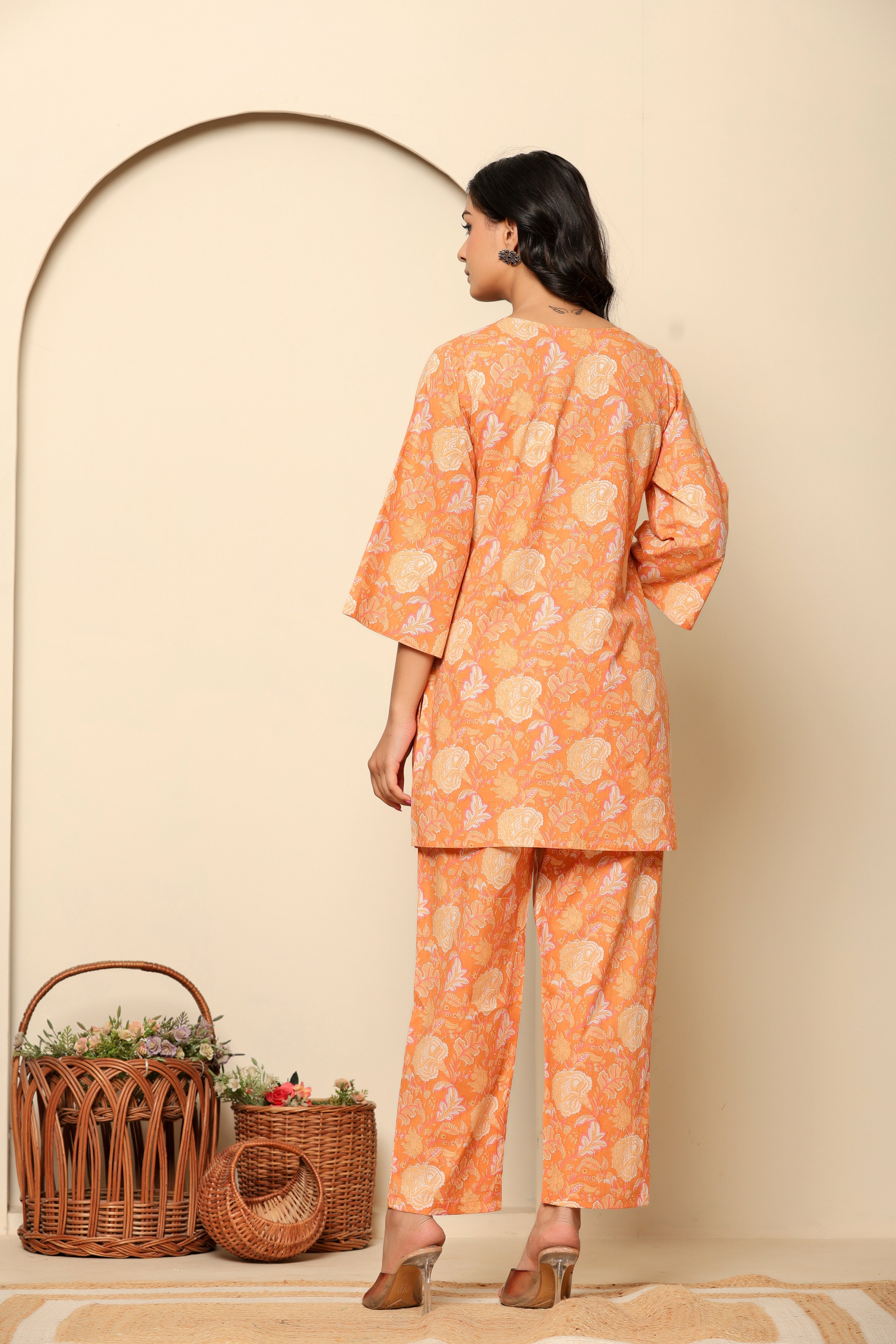Peach Printed Cotton Co- Ord Set