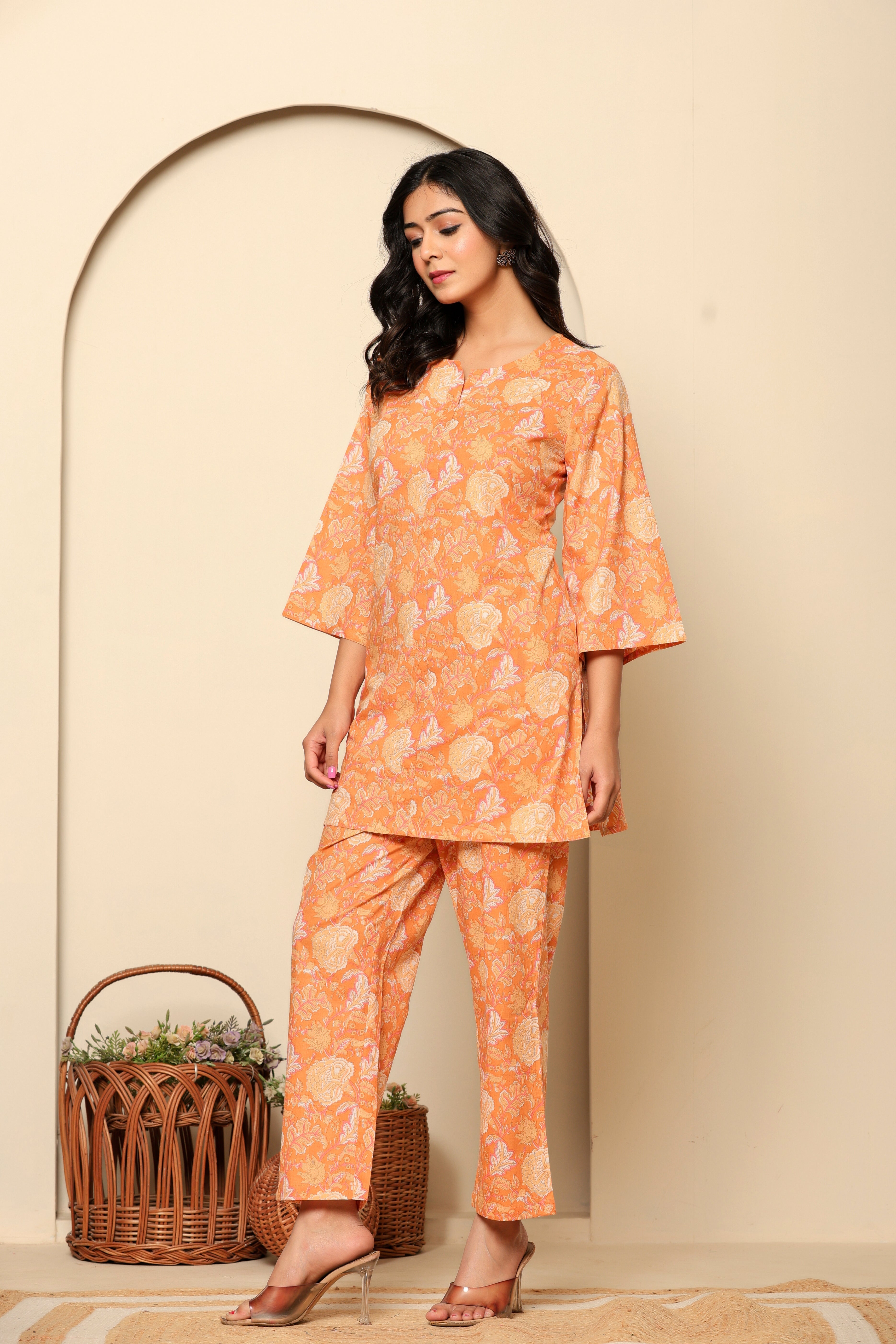Peach Printed Cotton Coord Set - qivii