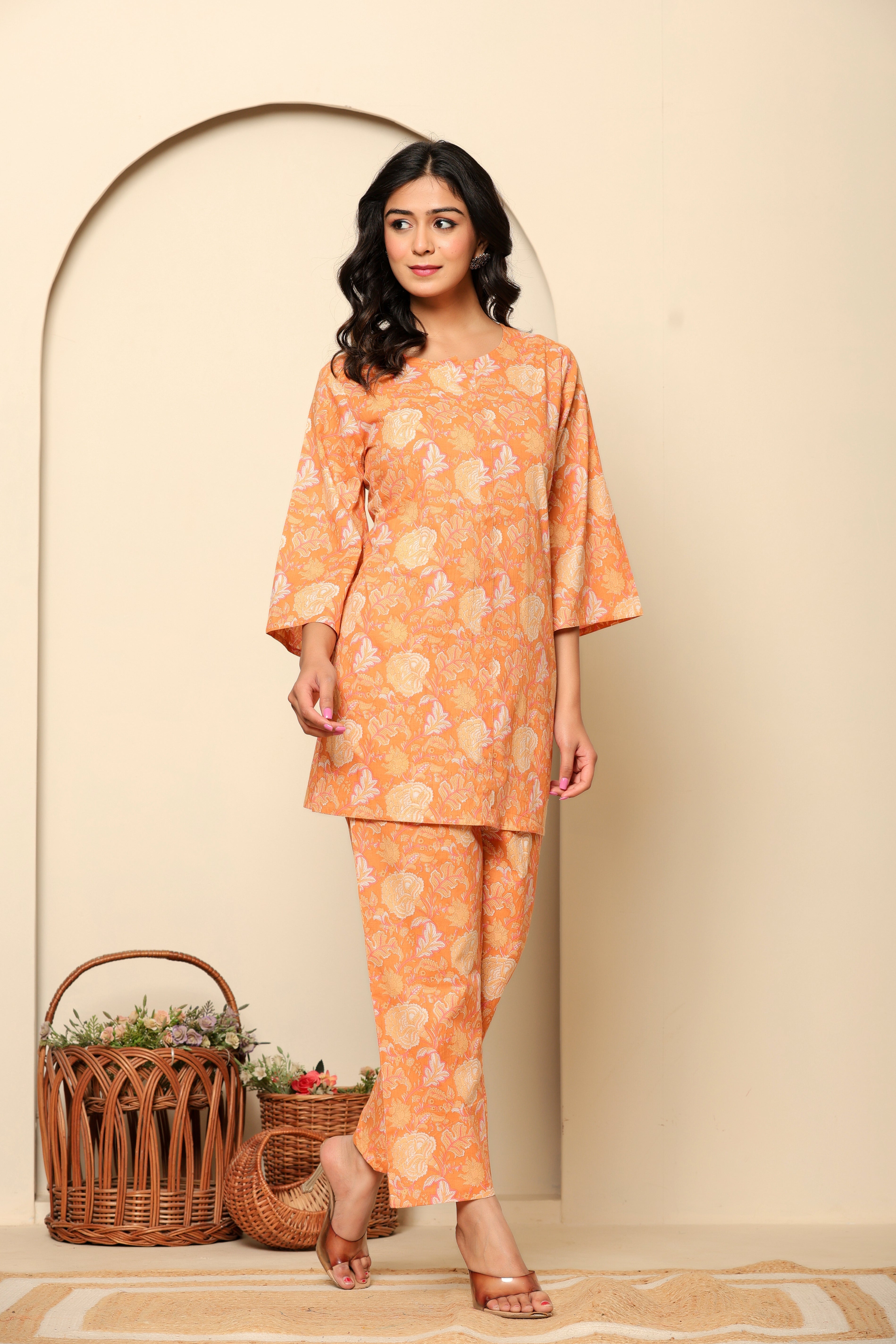 Peach Printed Cotton Coord Set - qivii