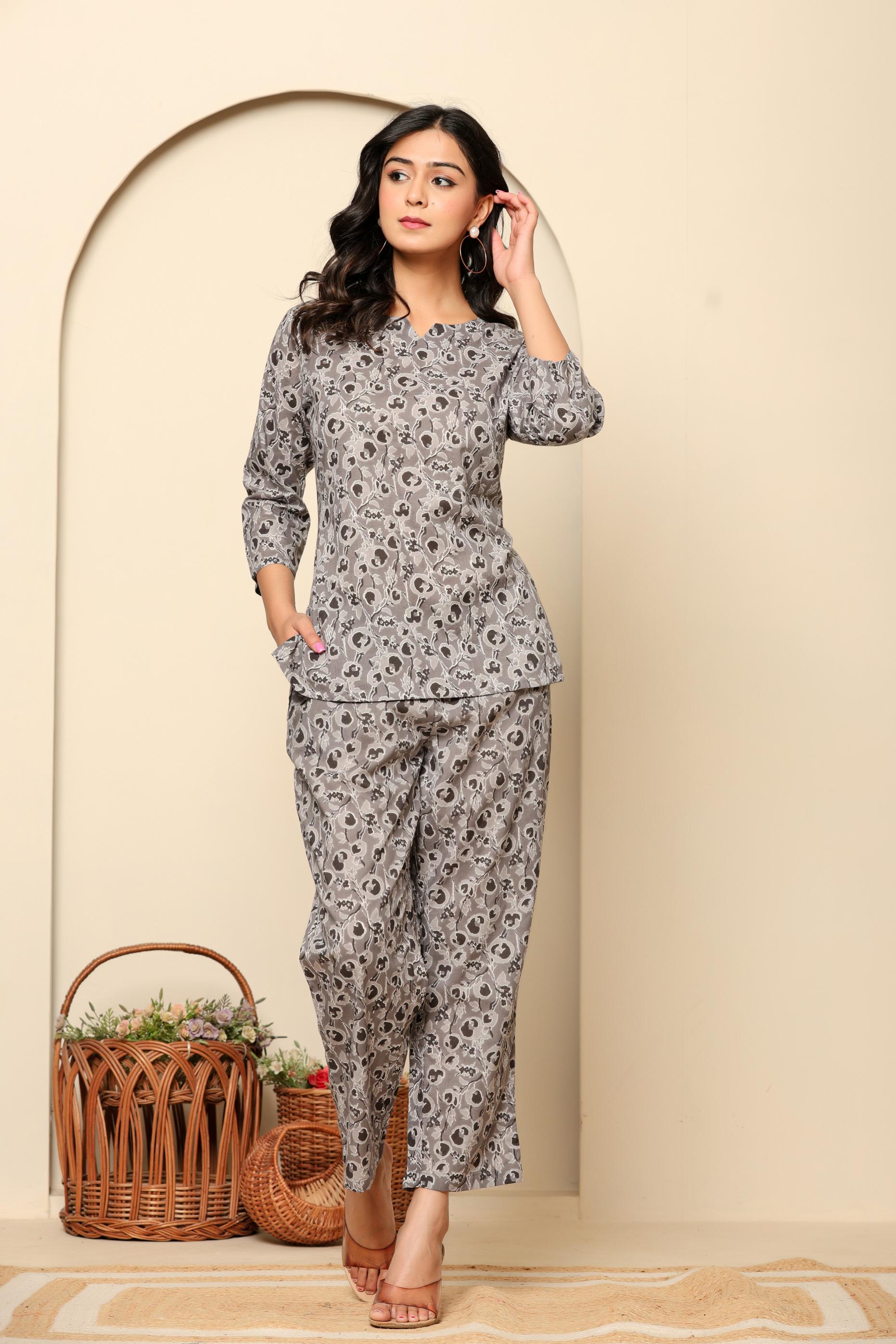 Grey Printed Cotton Coord Set - qivii