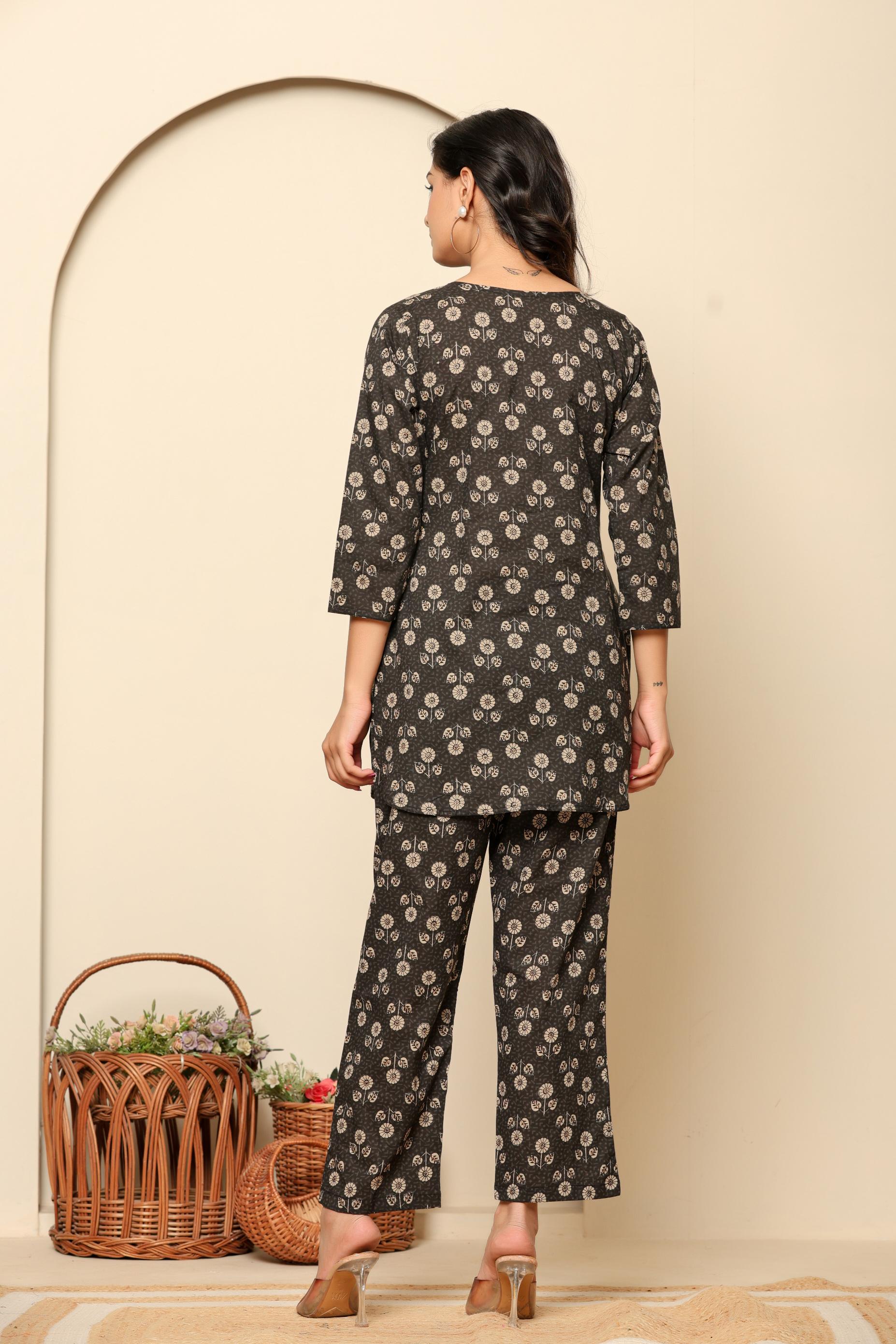 Black Printed Cotton Coord Set - qivii