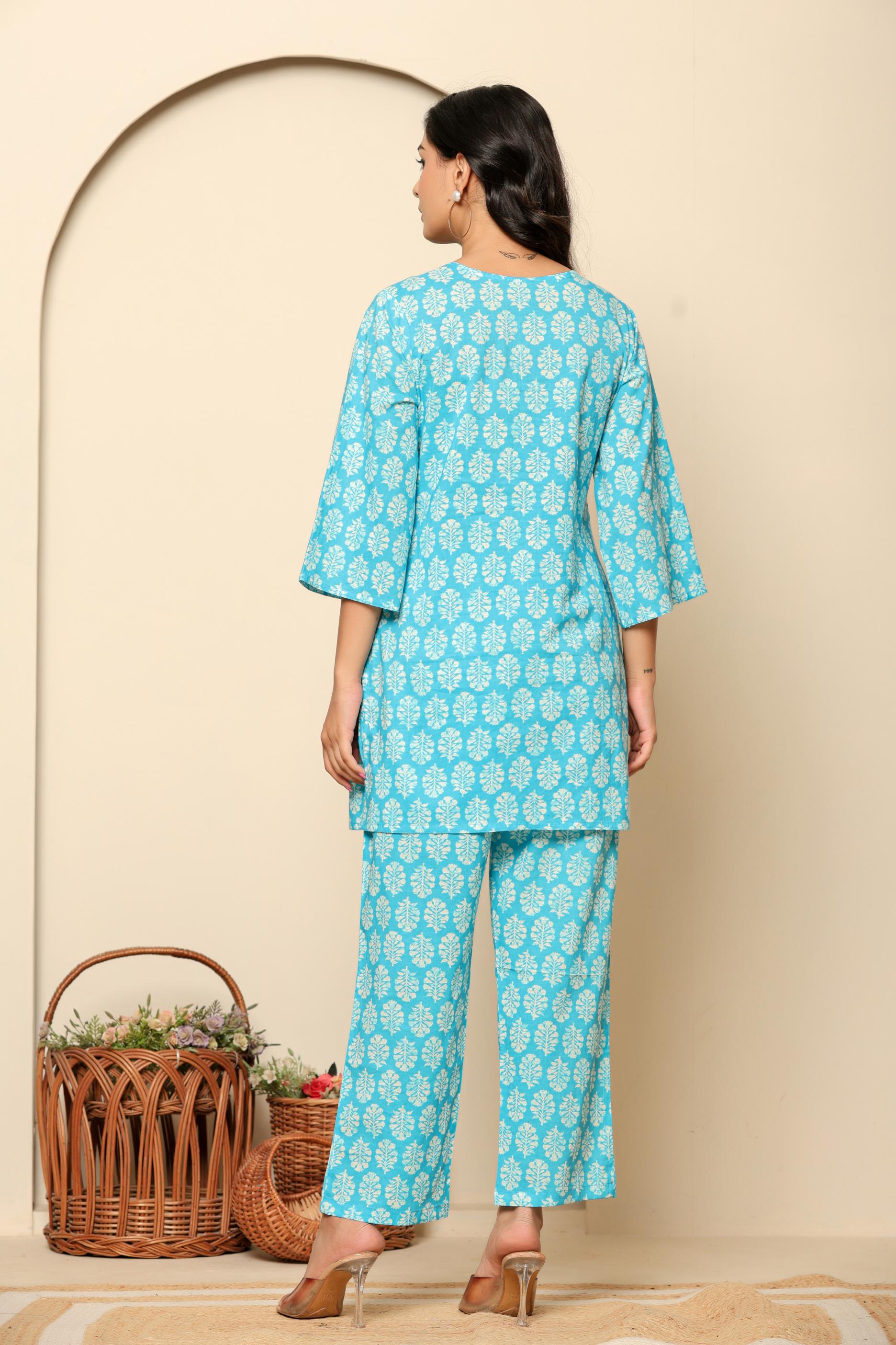 Sky Blue Printed Cotton Coord Set - qivii