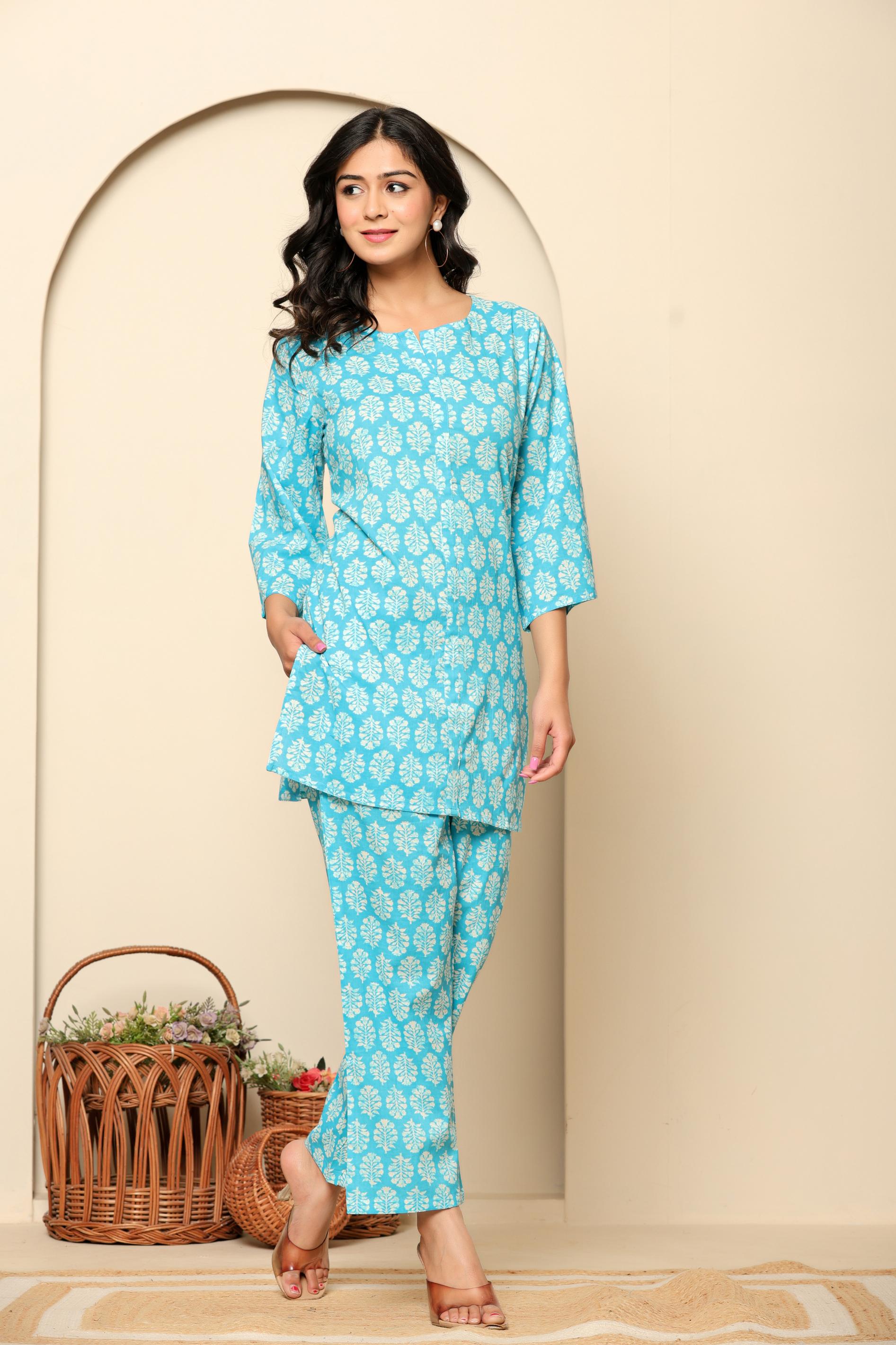 Sky Blue Printed Cotton Coord Set - qivii