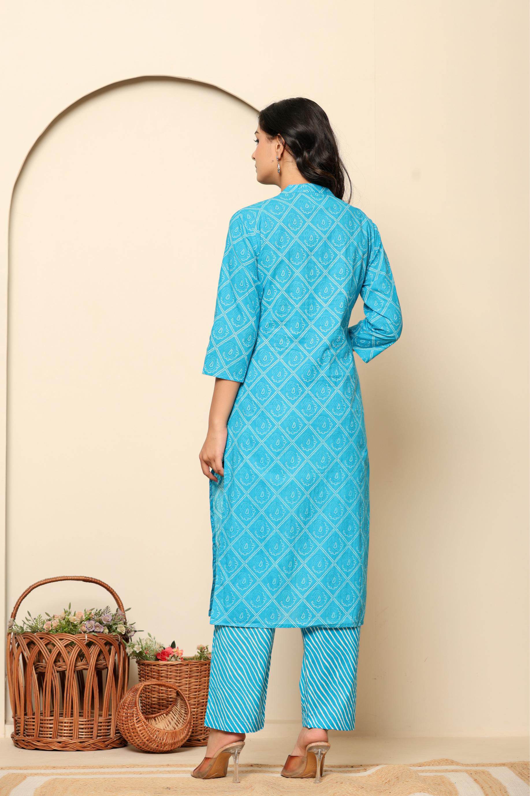 Blue Printed Cotton Kurta Set - qivii