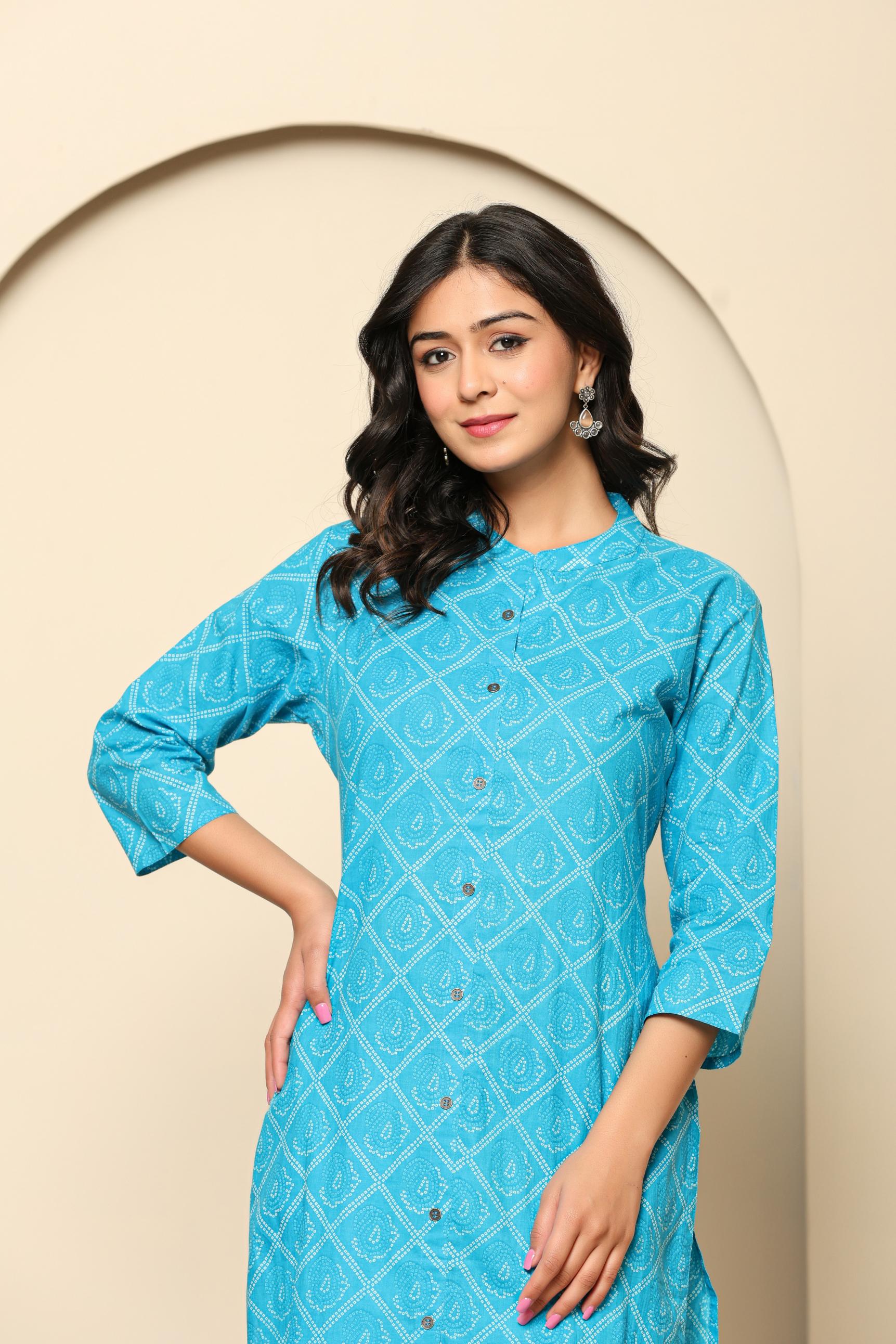 Blue Printed Cotton Kurta Set - qivii