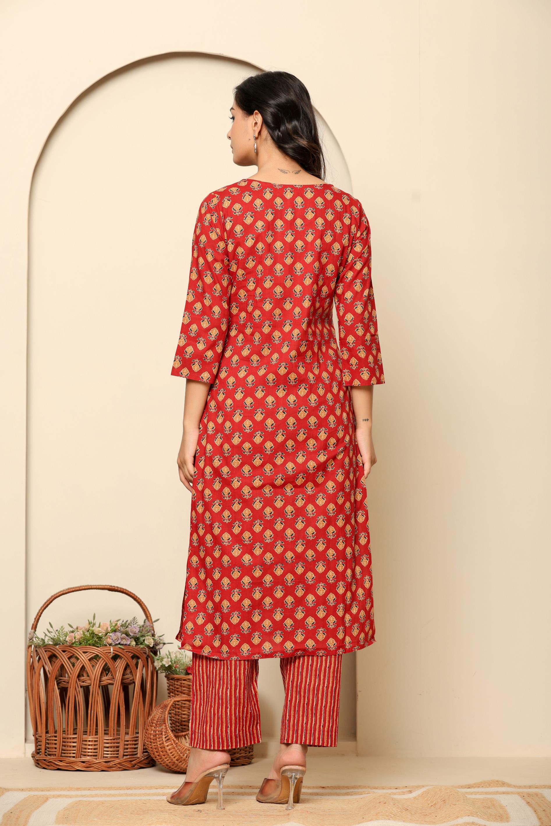 Red Printed Cotton Kurta Set - qivii